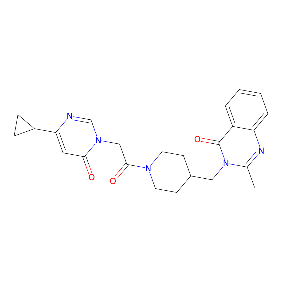 3-({1-[2-(4-Cyclopropyl-6-oxo-1,6-dihydropyrimidin-1-yl)acetyl]piperidin-4-yl}methyl)-2-methyl-3,4-dihydroquinazolin-4-one molecular structure, CAS 2415509-24-7
