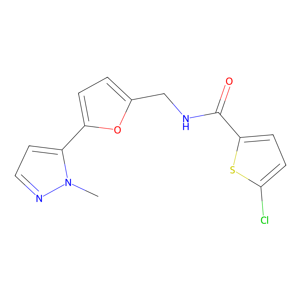 5-chloro-N-{[5-(1-methyl-1H-pyrazol-5-yl)furan-2-yl]methyl}thiophene-2-carboxamide molecular structure, CAS 2415509-25-8