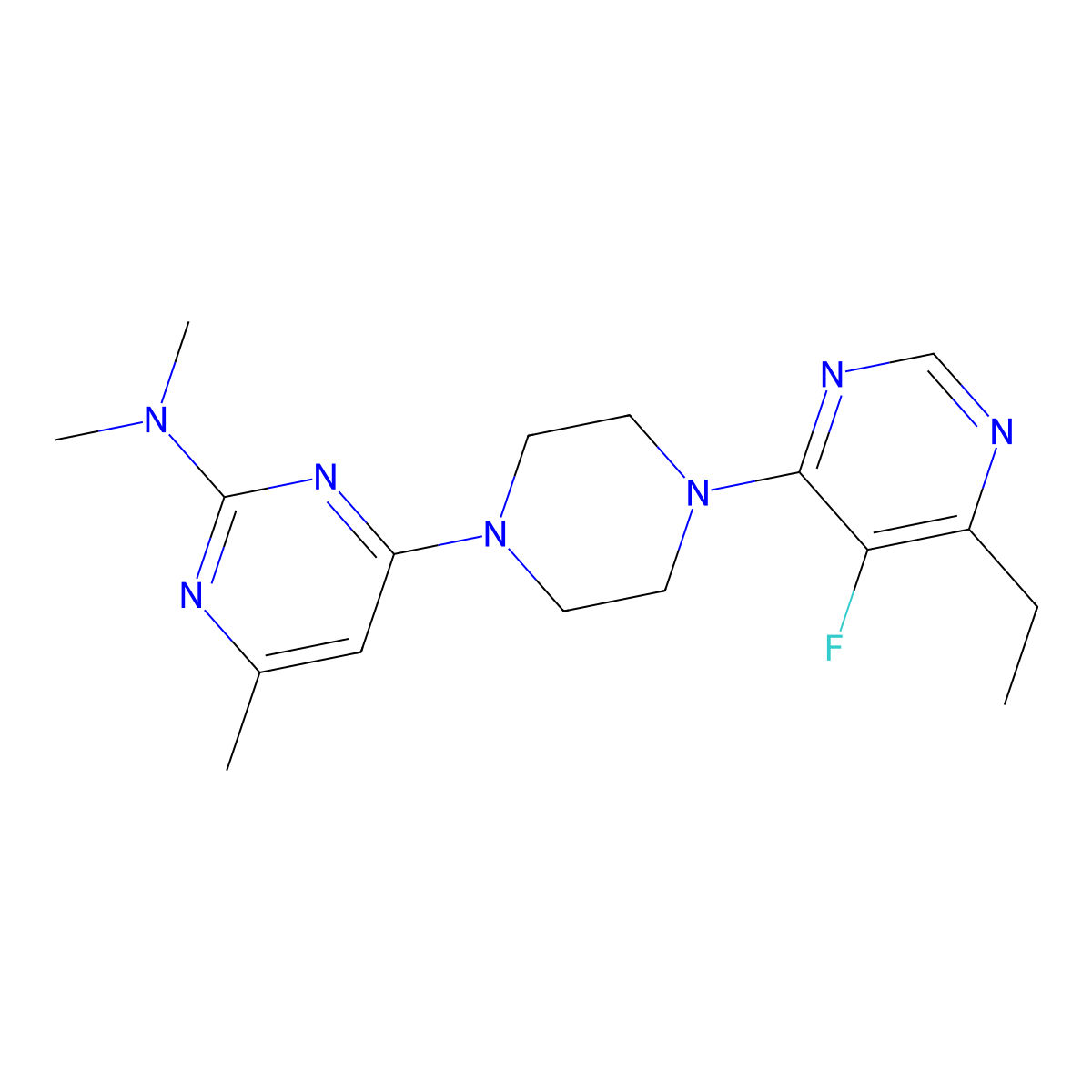 4-[4-(6-Ethyl-5-fluoropyrimidin-4-yl)piperazin-1-yl]-N,N,6-trimethylpyrimidin-2-amine molecular structure, CAS 2415509-34-9