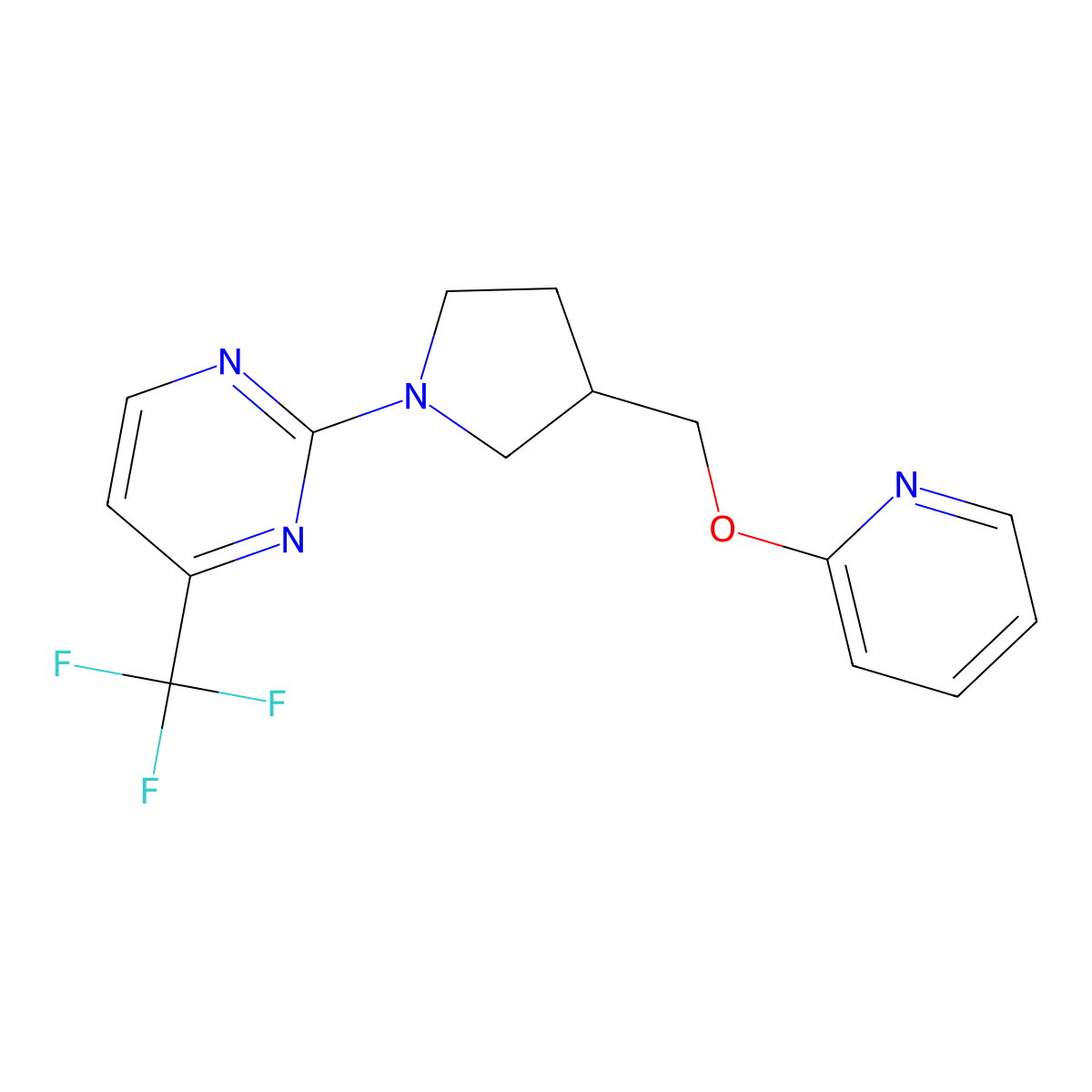 2-{3-[(Pyridin-2-yloxy)methyl]pyrrolidin-1-yl}-4-(trifluoromethyl)pyrimidine molecular structure, CAS 2415509-36-1