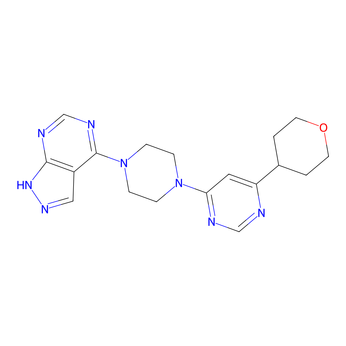 4-(oxan-4-yl)-6-(4-{1H-pyrazolo[3,4-d]pyrimidin-4-yl}piperazin-1-yl)pyrimidine molecular structure, CAS 2415509-40-7