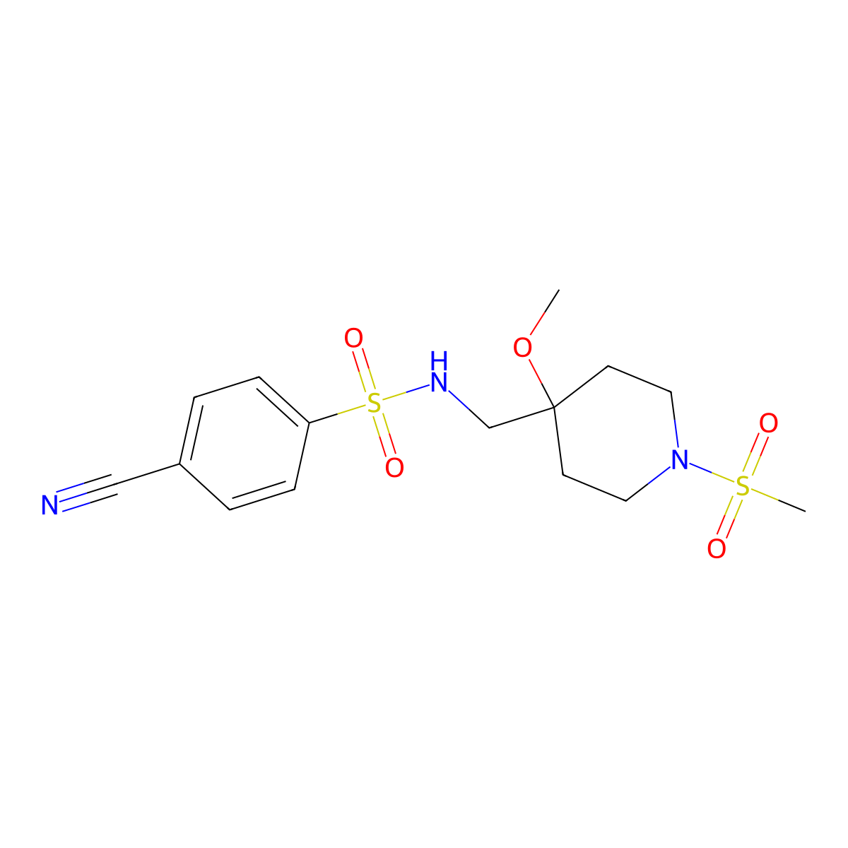 4-Cyano-N-[(4-methoxy-1-methylsulfonylpiperidin-4-yl)methyl]benzenesulfonamide molecular structure, CAS 2415509-59-8
