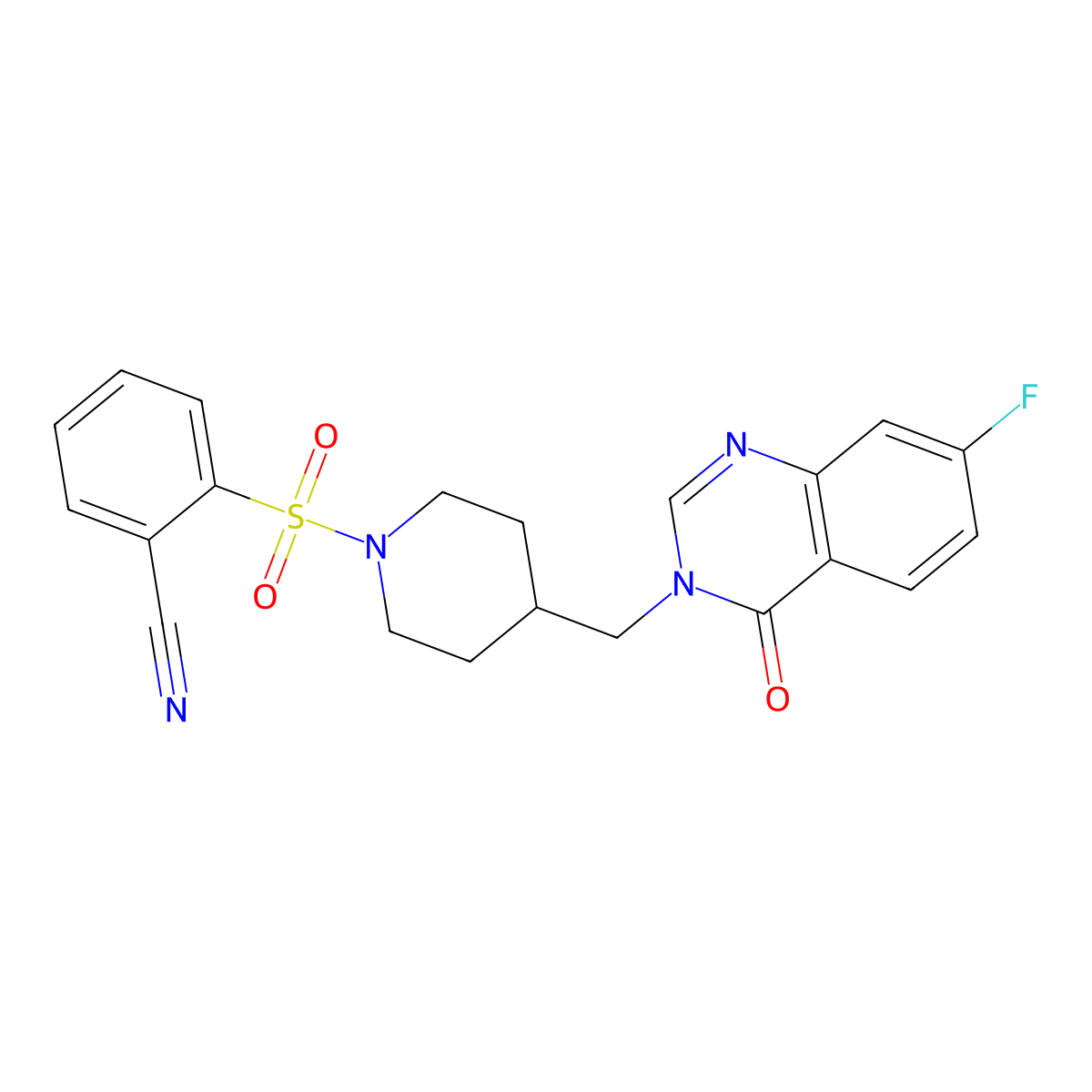 2-({4-[(7-Fluoro-4-oxo-3,4-dihydroquinazolin-3-yl)methyl]piperidin-1-yl}sulfonyl)benzonitrile molecular structure, CAS 2415509-62-3
