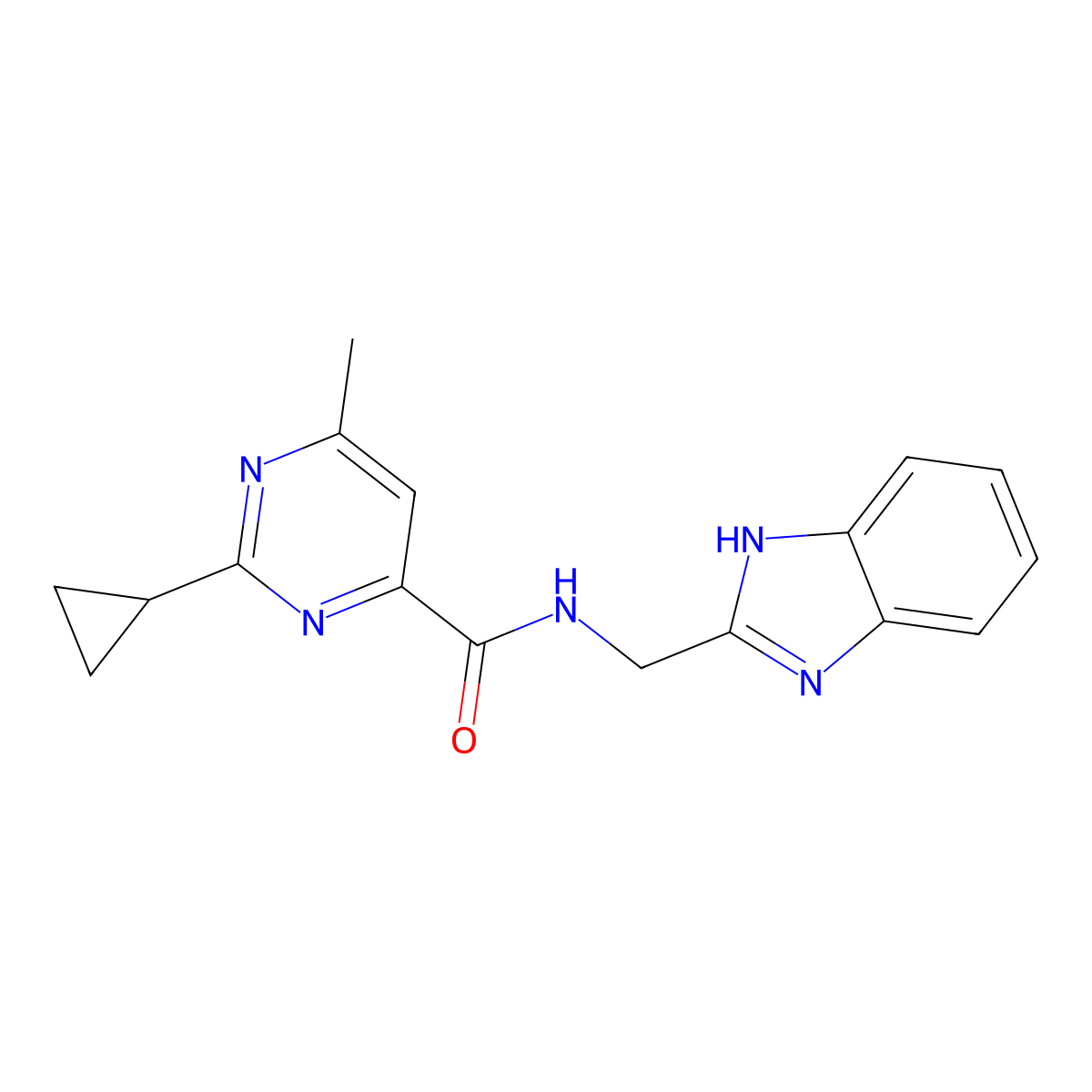 N-[(1H-1,3-benzodiazol-2-yl)methyl]-2-cyclopropyl-6-methylpyrimidine-4-carboxamide molecular structure, CAS 2415509-77-0