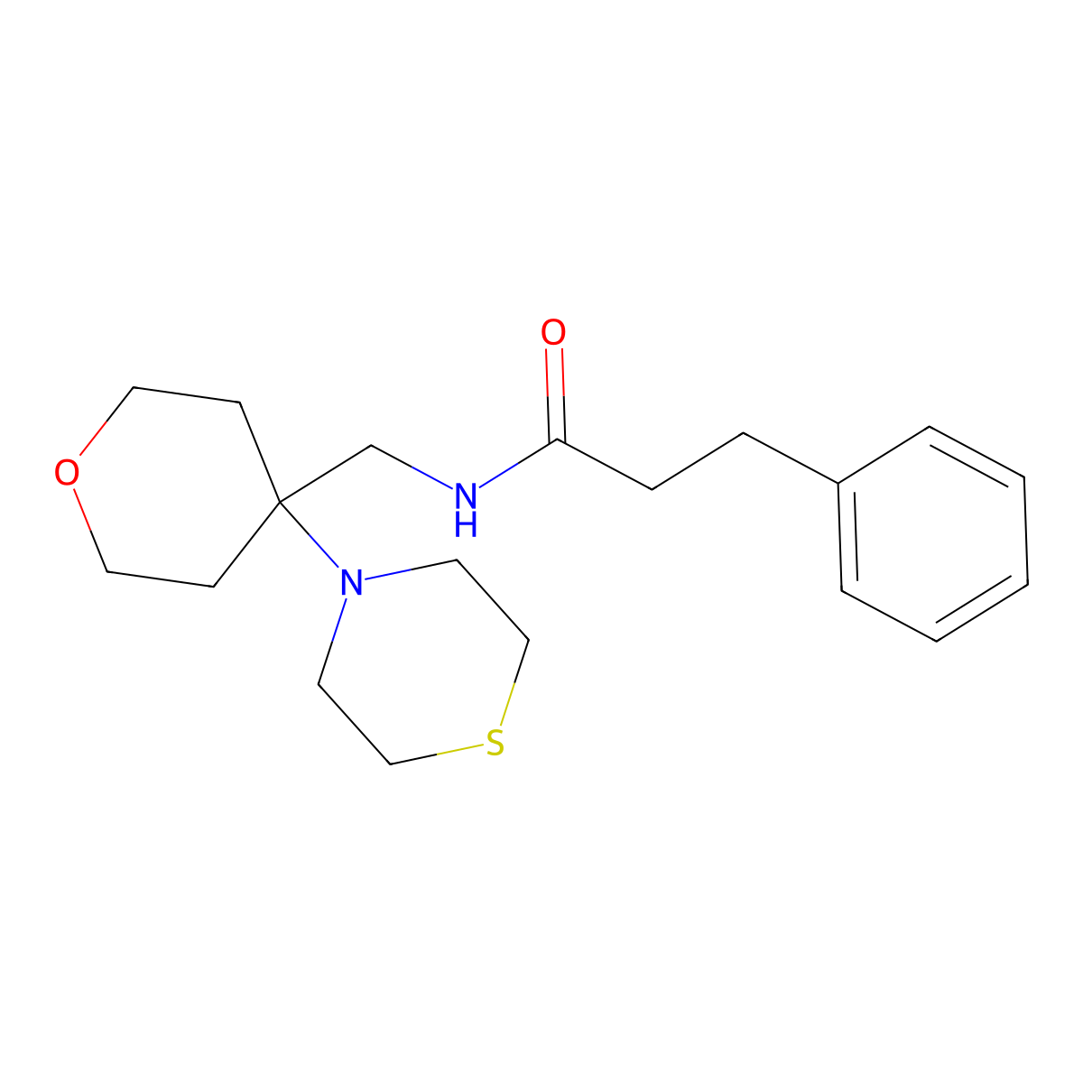 3-phenyl-N-{[4-(thiomorpholin-4-yl)oxan-4-yl]methyl}propanamide molecular structure, CAS 2415509-79-2