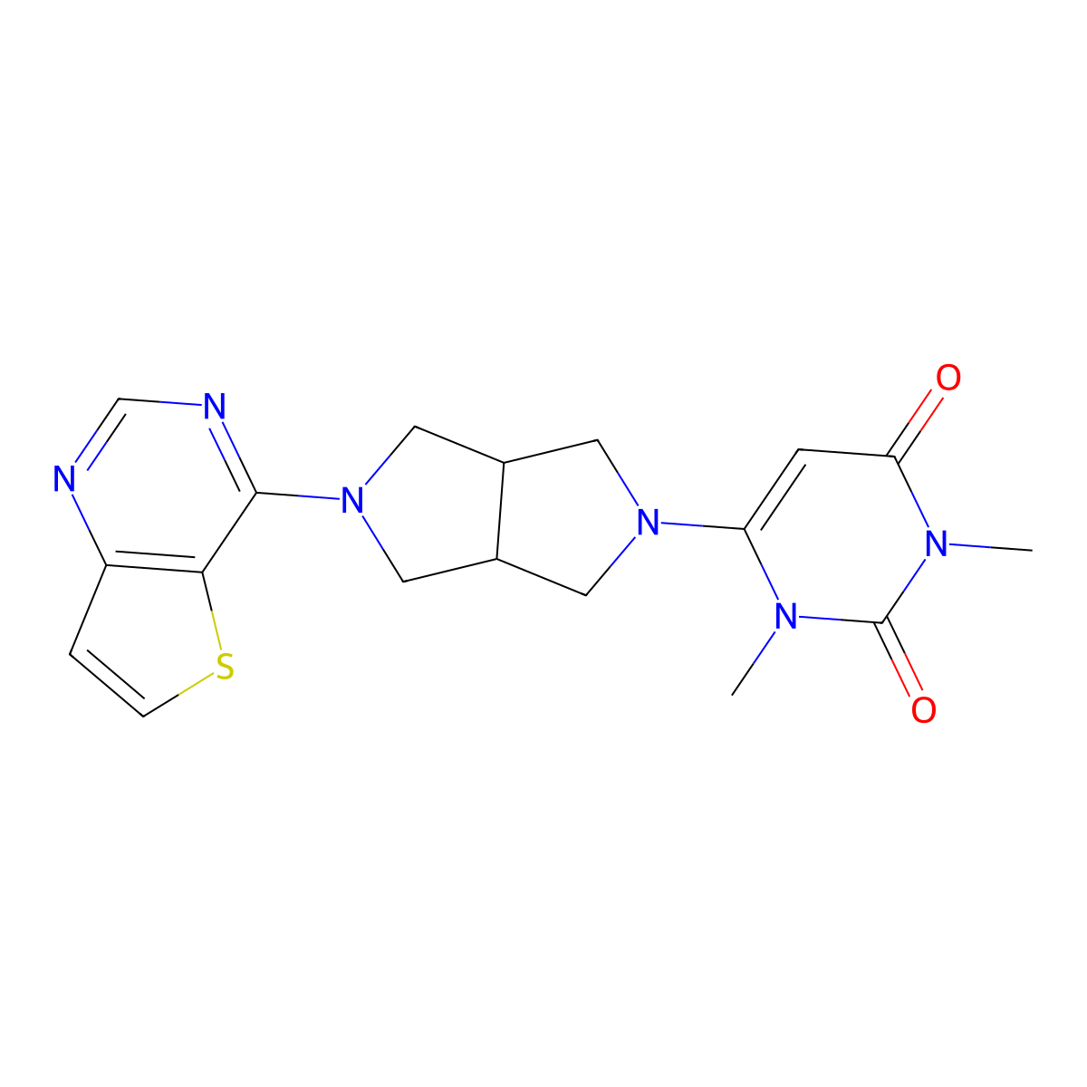 1,3-Dimethyl-6-(5-{thieno[3,2-d]pyrimidin-4-yl}-octahydropyrrolo[3,4-c]pyrrol-2-yl)-1,2,3,4-tetrahydropyrimidine-2,4-dione molecular structure, CAS 2415509-99-6