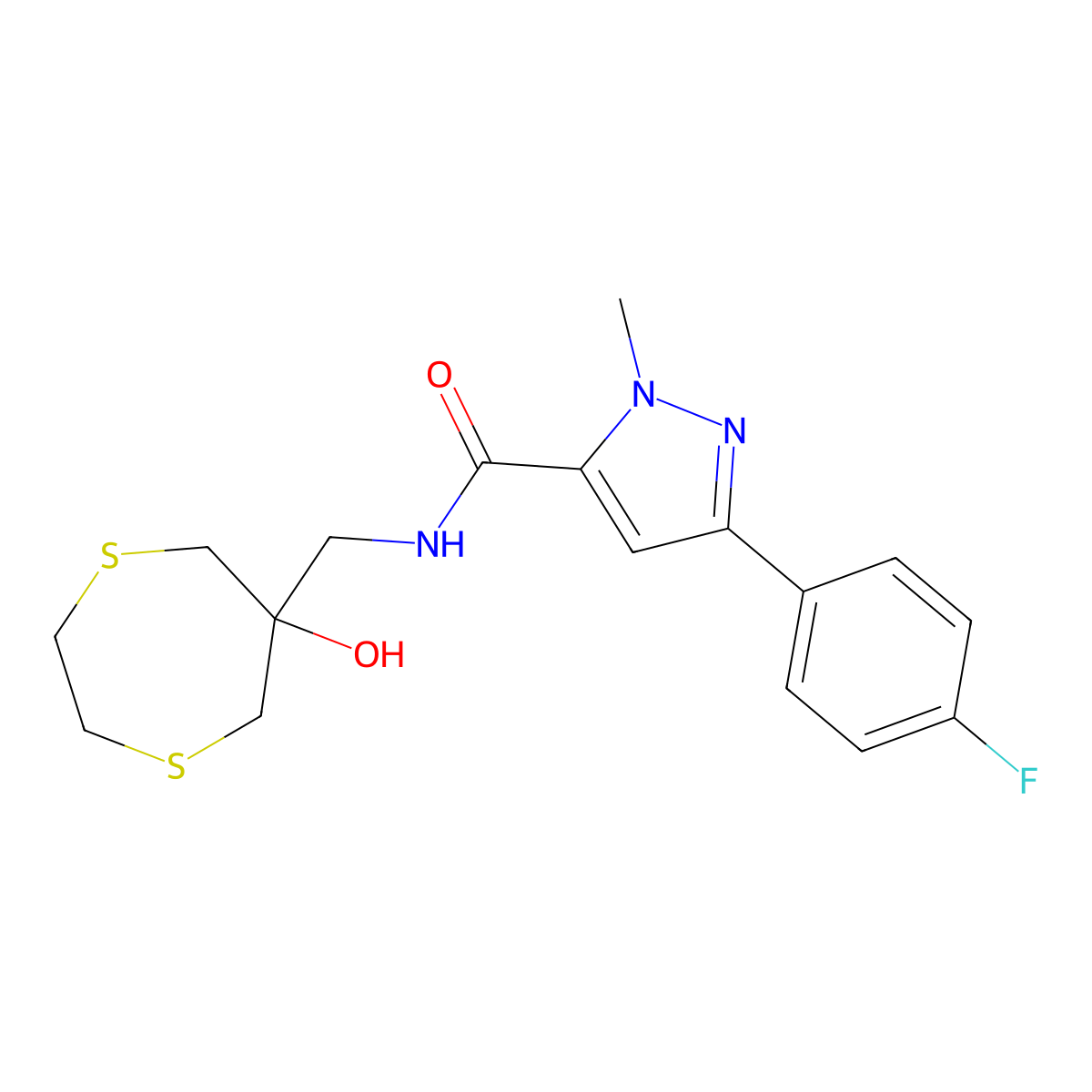 3-(4-fluorophenyl)-N-[(6-hydroxy-1,4-dithiepan-6-yl)methyl]-1-methyl-1H-pyrazole-5-carboxamide molecular structure, CAS 2415510-03-9
