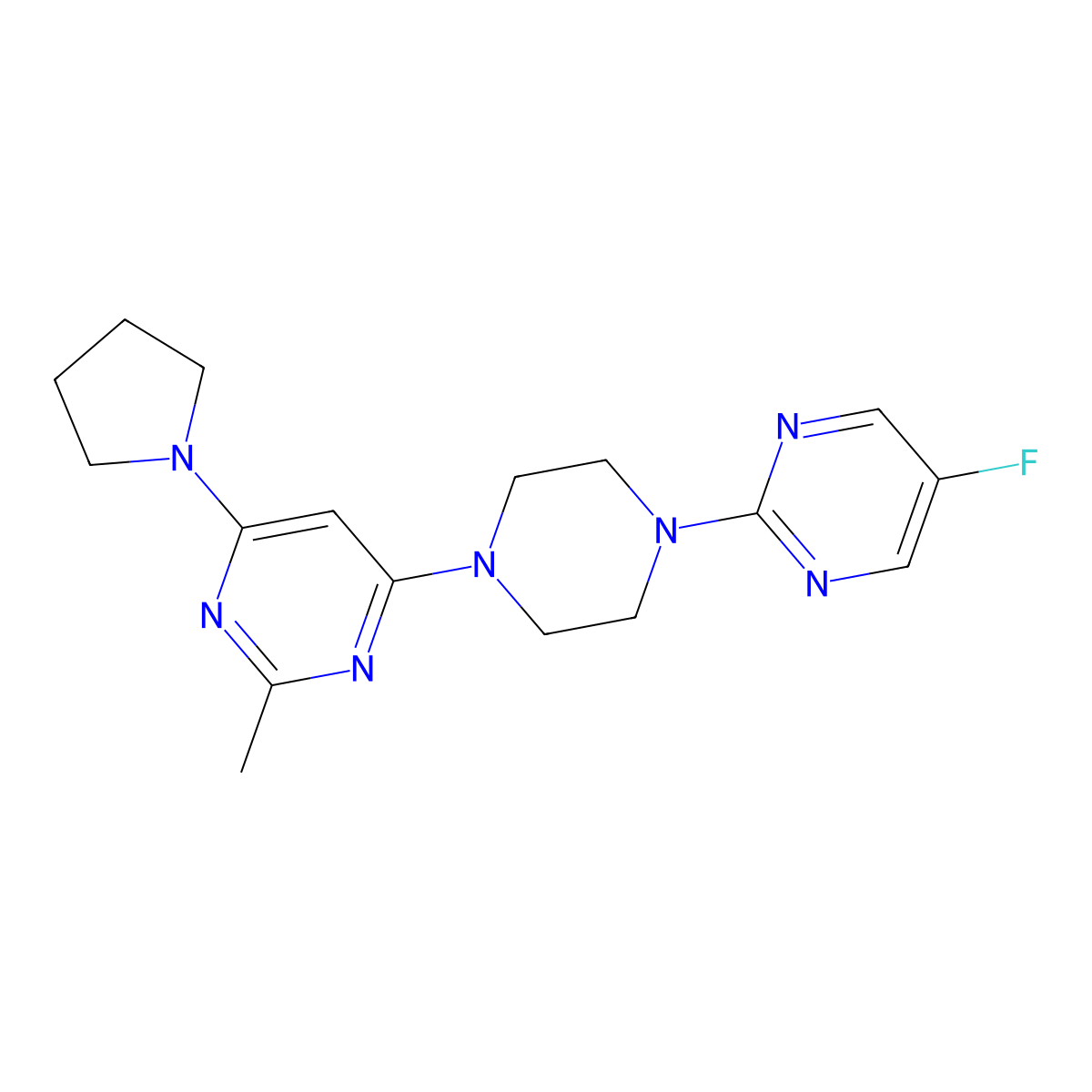 4-[4-(5-Fluoropyrimidin-2-yl)piperazin-1-yl]-2-methyl-6-(pyrrolidin-1-yl)pyrimidine molecular structure, CAS 2415510-04-0