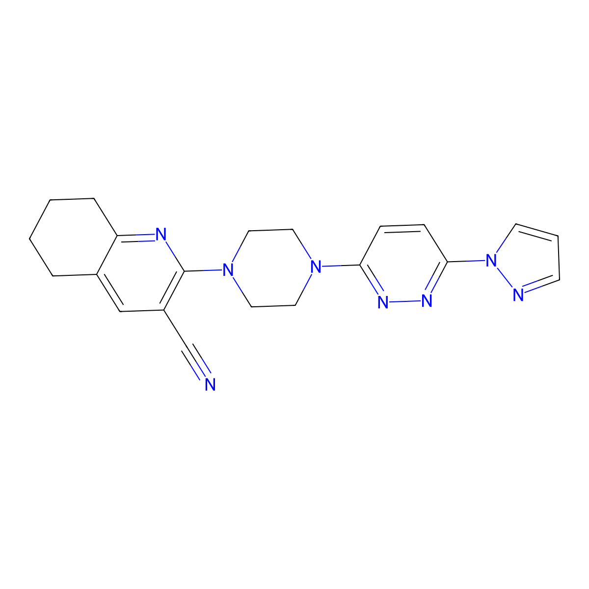 2-{4-[6-(1H-pyrazol-1-yl)pyridazin-3-yl]piperazin-1-yl}-5,6,7,8-tetrahydroquinoline-3-carbonitrile molecular structure, CAS 2415510-06-2