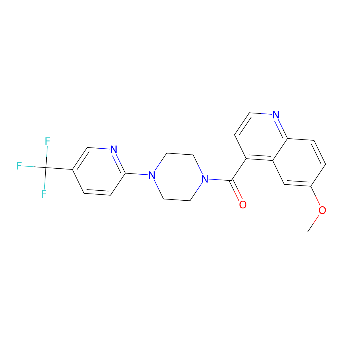6-Methoxy-4-{4-[5-(trifluoromethyl)pyridin-2-yl]piperazine-1-carbonyl}quinoline molecular structure, CAS 2415510-07-3
