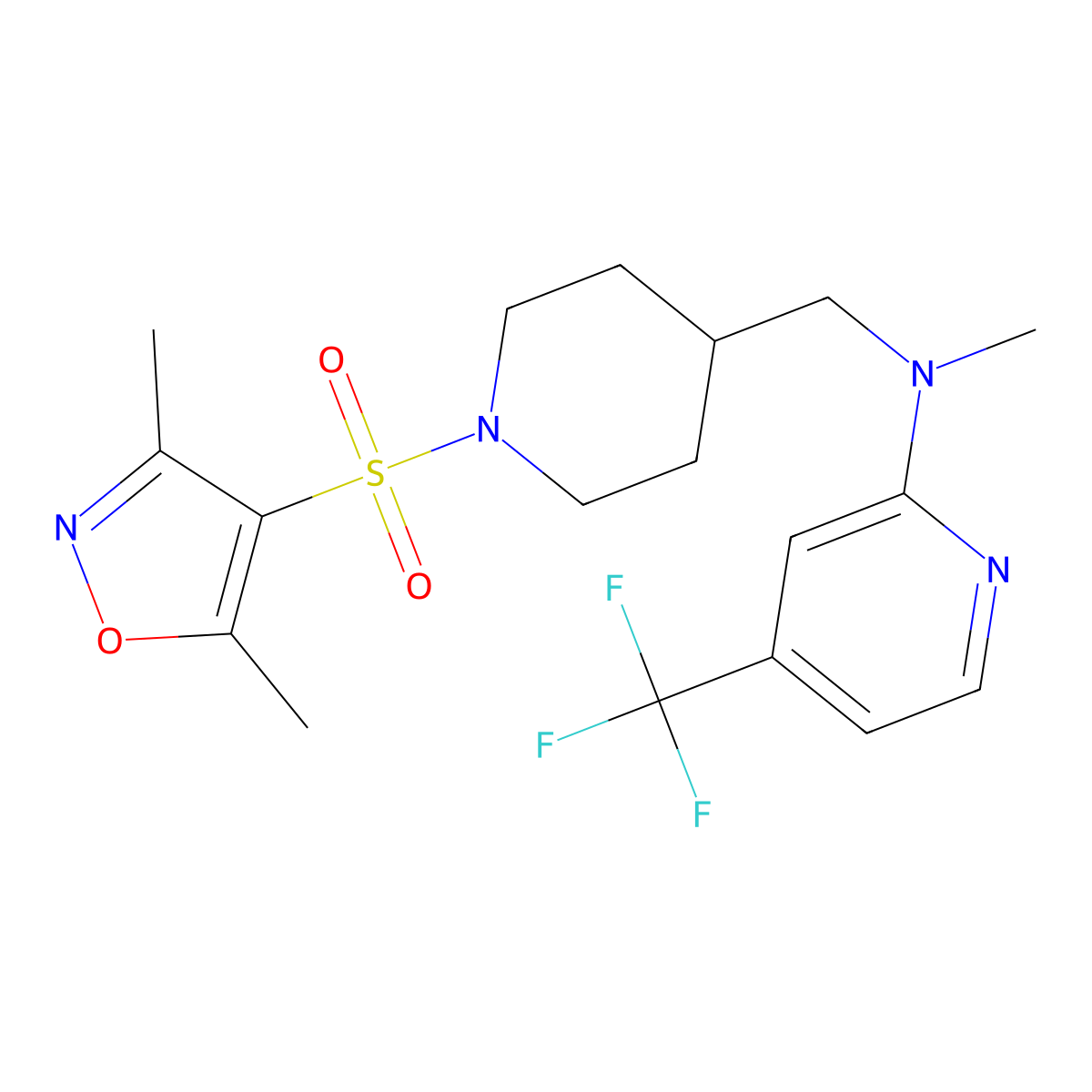 N-({1-[(3,5-dimethyl-1,2-oxazol-4-yl)sulfonyl]piperidin-4-yl}methyl)-N-methyl-4-(trifluoromethyl)pyridin-2-amine molecular structure, CAS 2415510-17-5