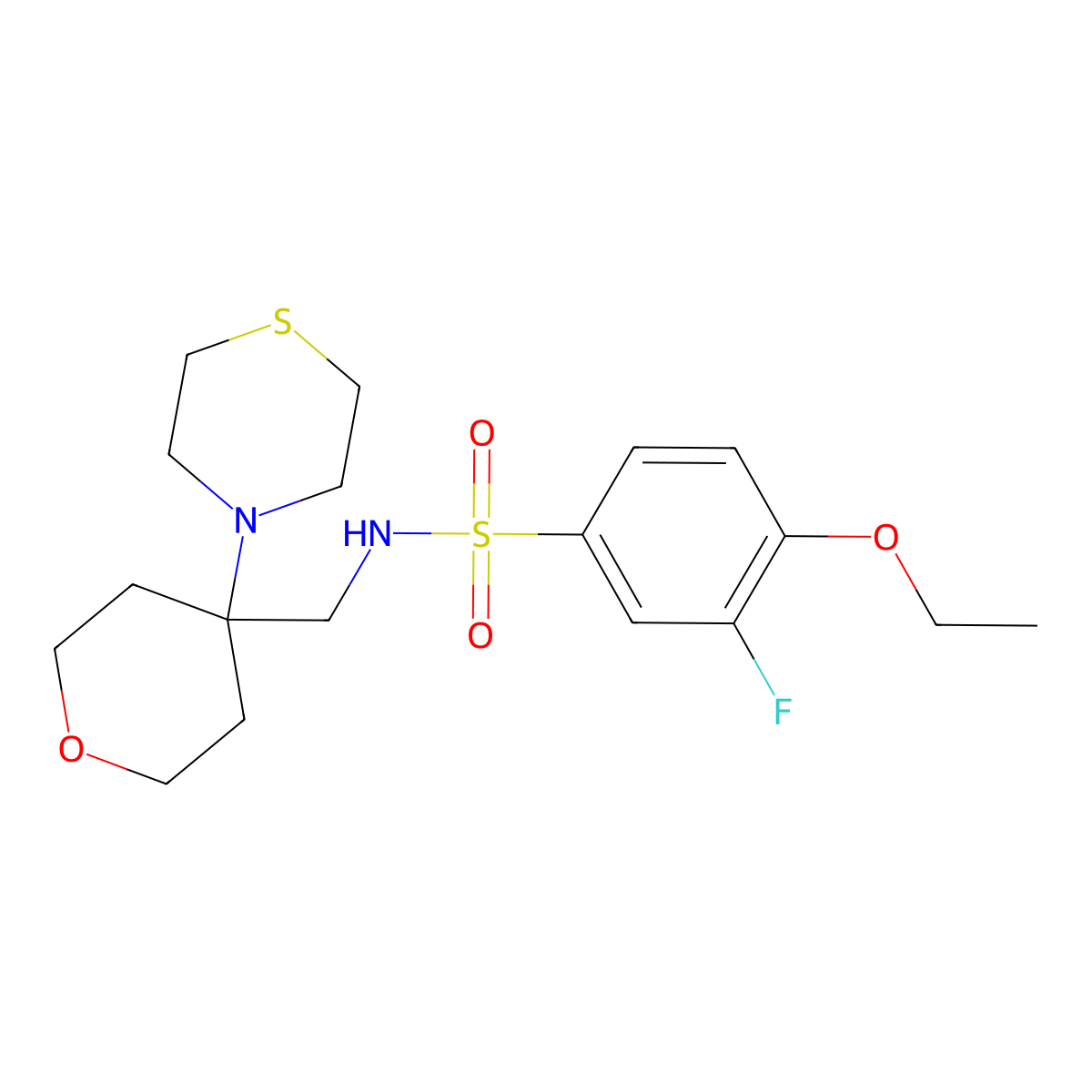 4-ethoxy-3-fluoro-N-{[4-(thiomorpholin-4-yl)oxan-4-yl]methyl}benzene-1-sulfonamide molecular structure, CAS 2415510-19-7