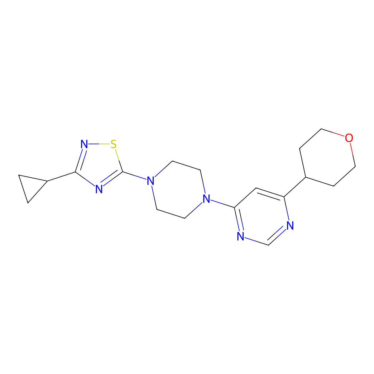 4-[4-(3-Cyclopropyl-1,2,4-thiadiazol-5-yl)piperazin-1-yl]-6-(oxan-4-yl)pyrimidine molecular structure, CAS 2415510-26-6