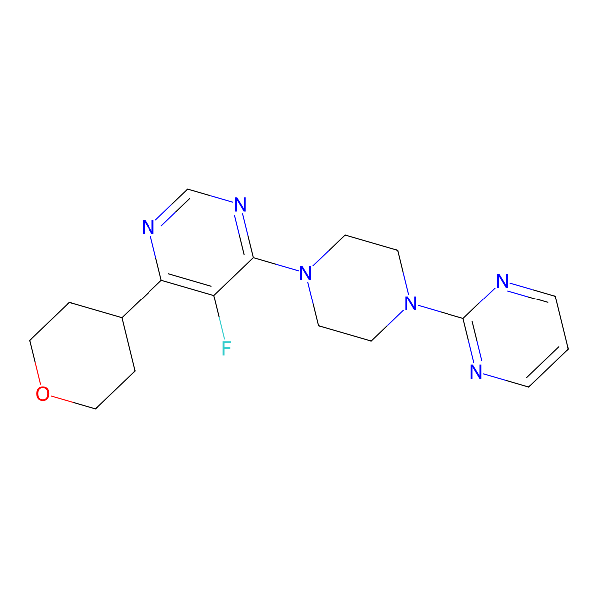 5-Fluoro-4-(oxan-4-yl)-6-[4-(pyrimidin-2-yl)piperazin-1-yl]pyrimidine molecular structure, CAS 2415510-29-9