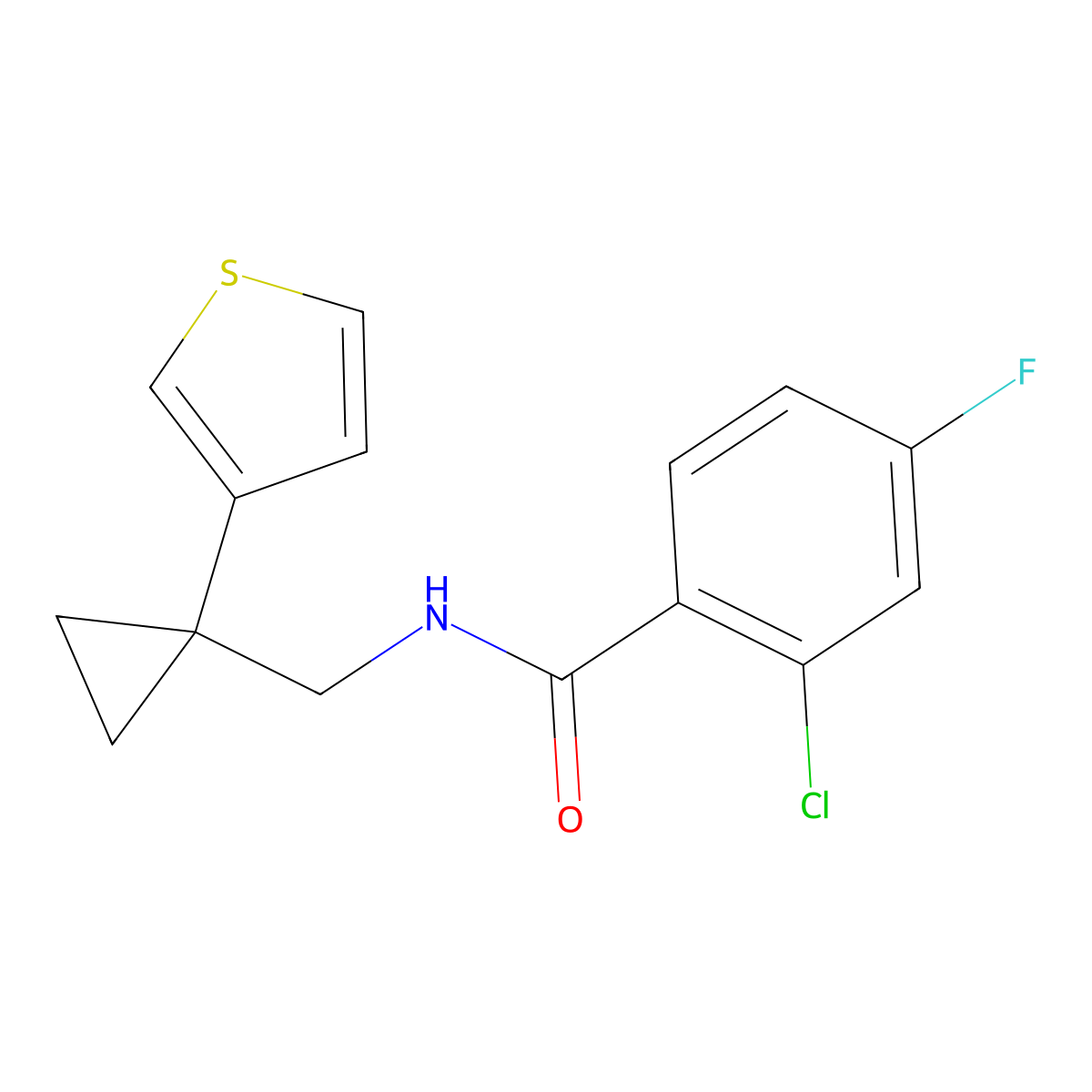 2-chloro-4-fluoro-N-{[1-(thiophen-3-yl)cyclopropyl]methyl}benzamide molecular structure, CAS 2415510-42-6