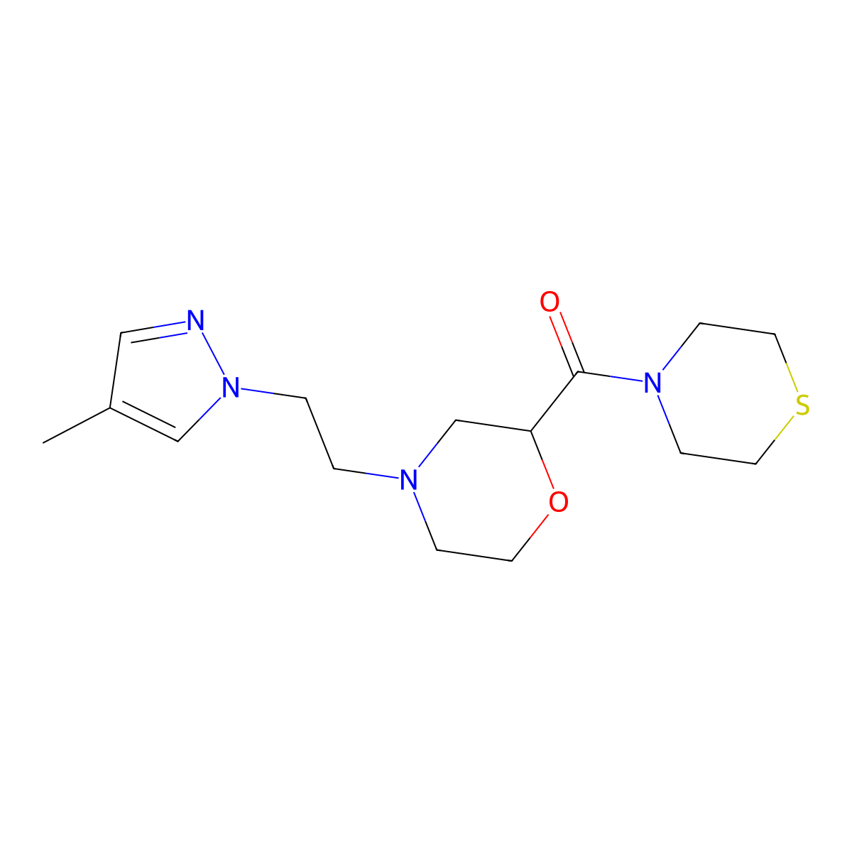 4-[2-(4-methyl-1H-pyrazol-1-yl)ethyl]-2-(thiomorpholine-4-carbonyl)morpholine molecular structure, CAS 2415510-43-7