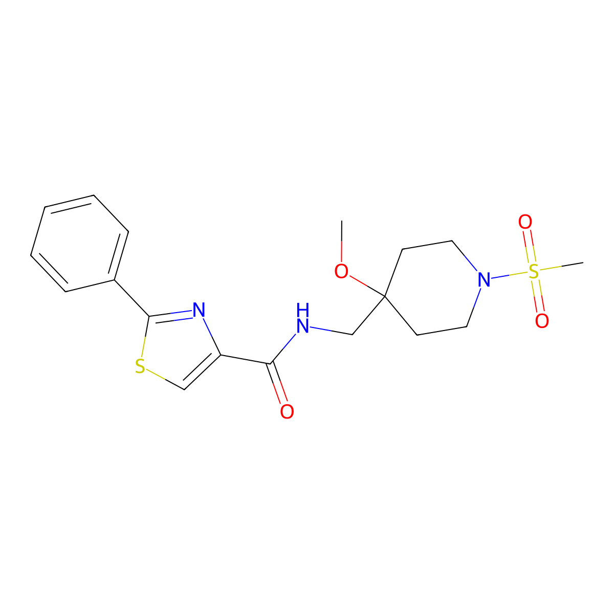 N-[(1-methanesulfonyl-4-methoxypiperidin-4-yl)methyl]-2-phenyl-1,3-thiazole-4-carboxamide molecular structure, CAS 2415510-45-9