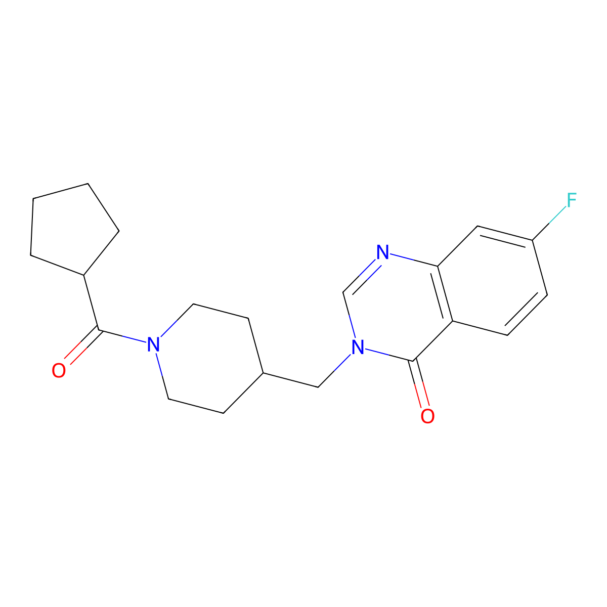 3-[(1-Cyclopentanecarbonylpiperidin-4-yl)methyl]-7-fluoro-3,4-dihydroquinazolin-4-one molecular structure, CAS 2415510-57-3
