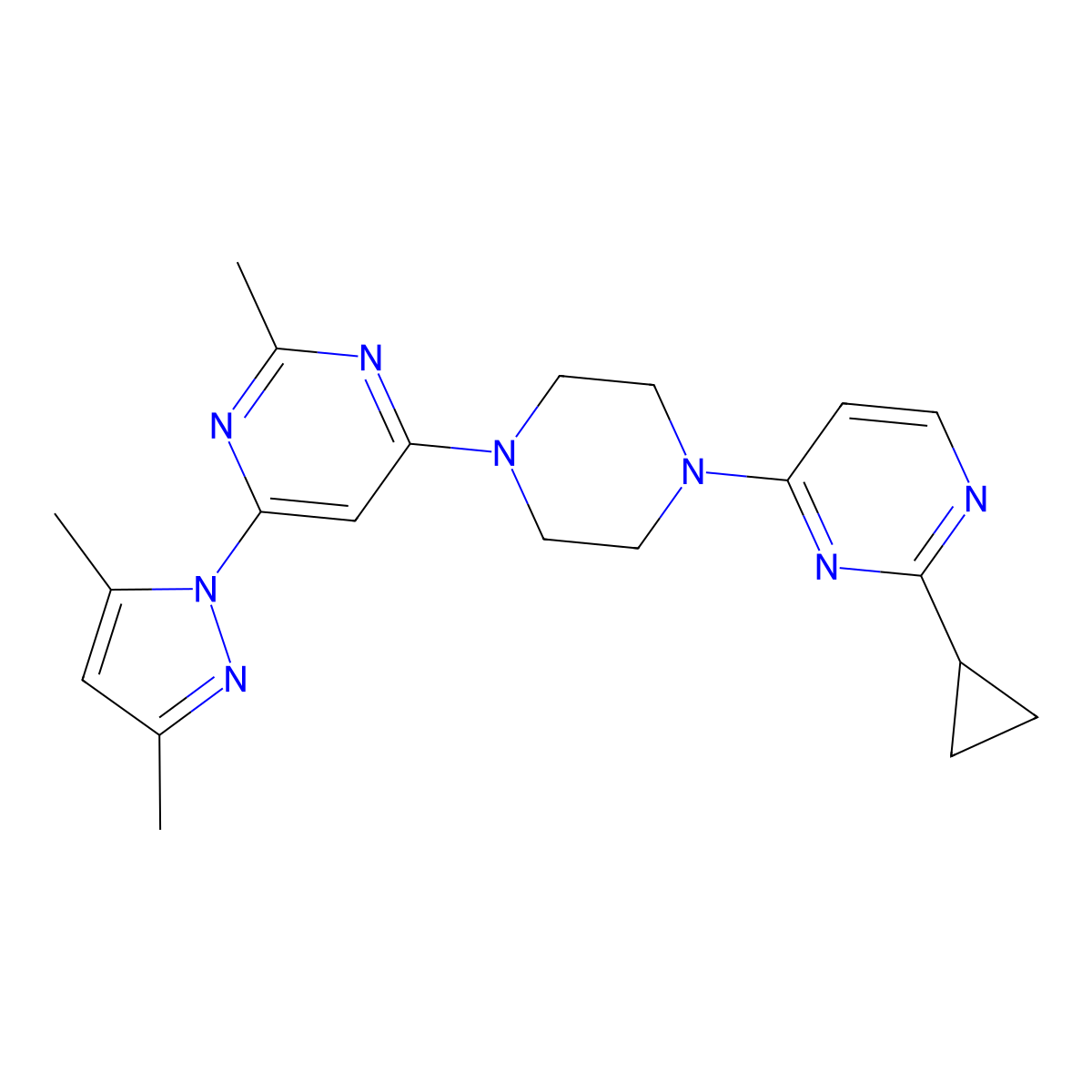 4-[4-(2-cyclopropylpyrimidin-4-yl)piperazin-1-yl]-6-(3,5-dimethyl-1H-pyrazol-1-yl)-2-methylpyrimidine molecular structure, CAS 2415510-68-6