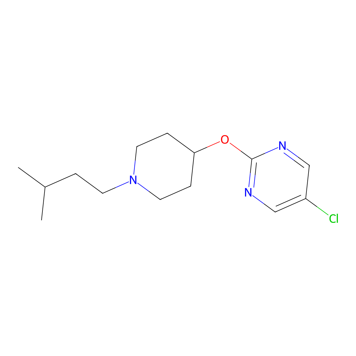 5-Chloro-2-{[1-(3-methylbutyl)piperidin-4-yl]oxy}pyrimidine molecular structure, CAS 2415510-74-4