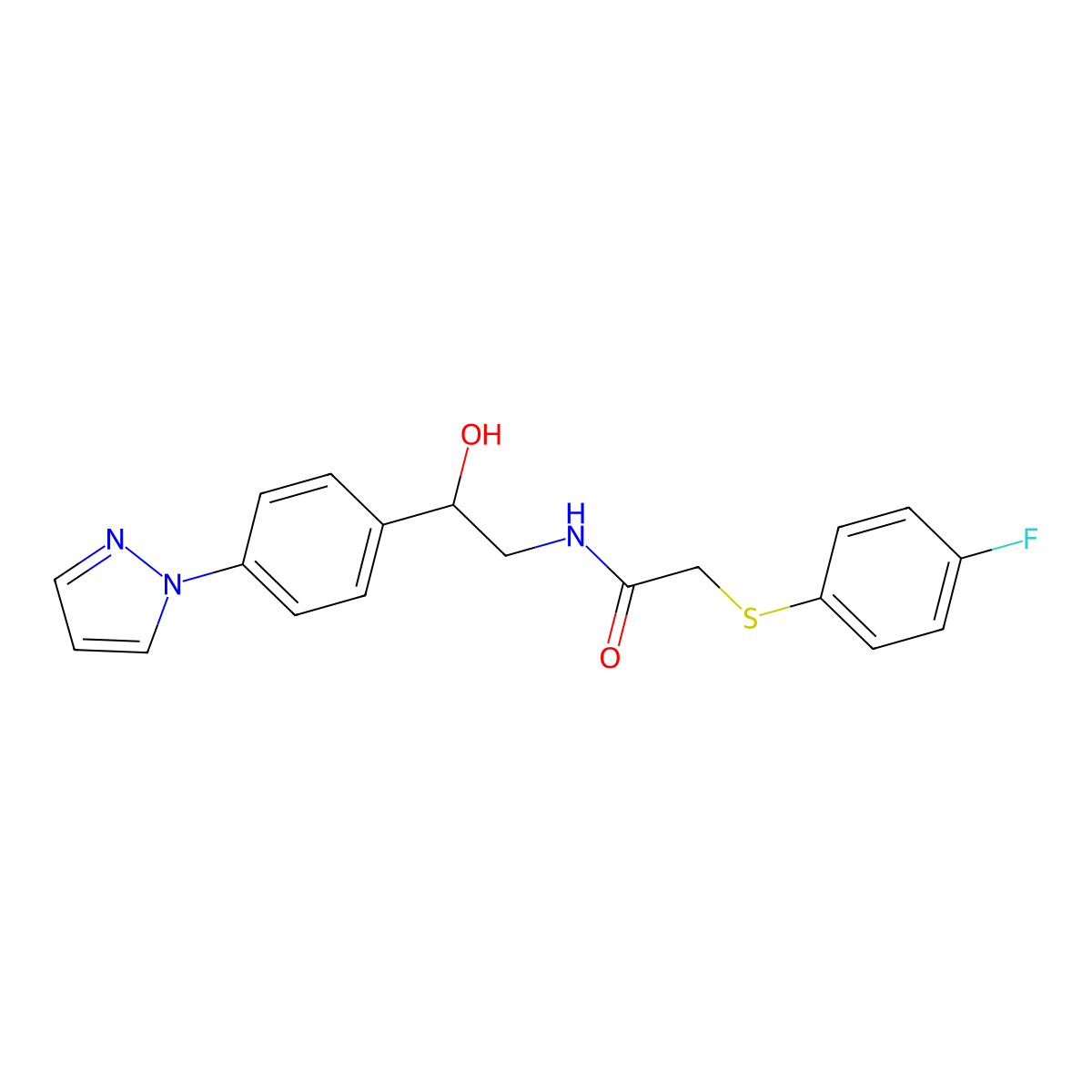 2-[(4-fluorophenyl)sulfanyl]-N-{2-hydroxy-2-[4-(1H-pyrazol-1-yl)phenyl]ethyl}acetamide molecular structure, CAS 2415510-78-8