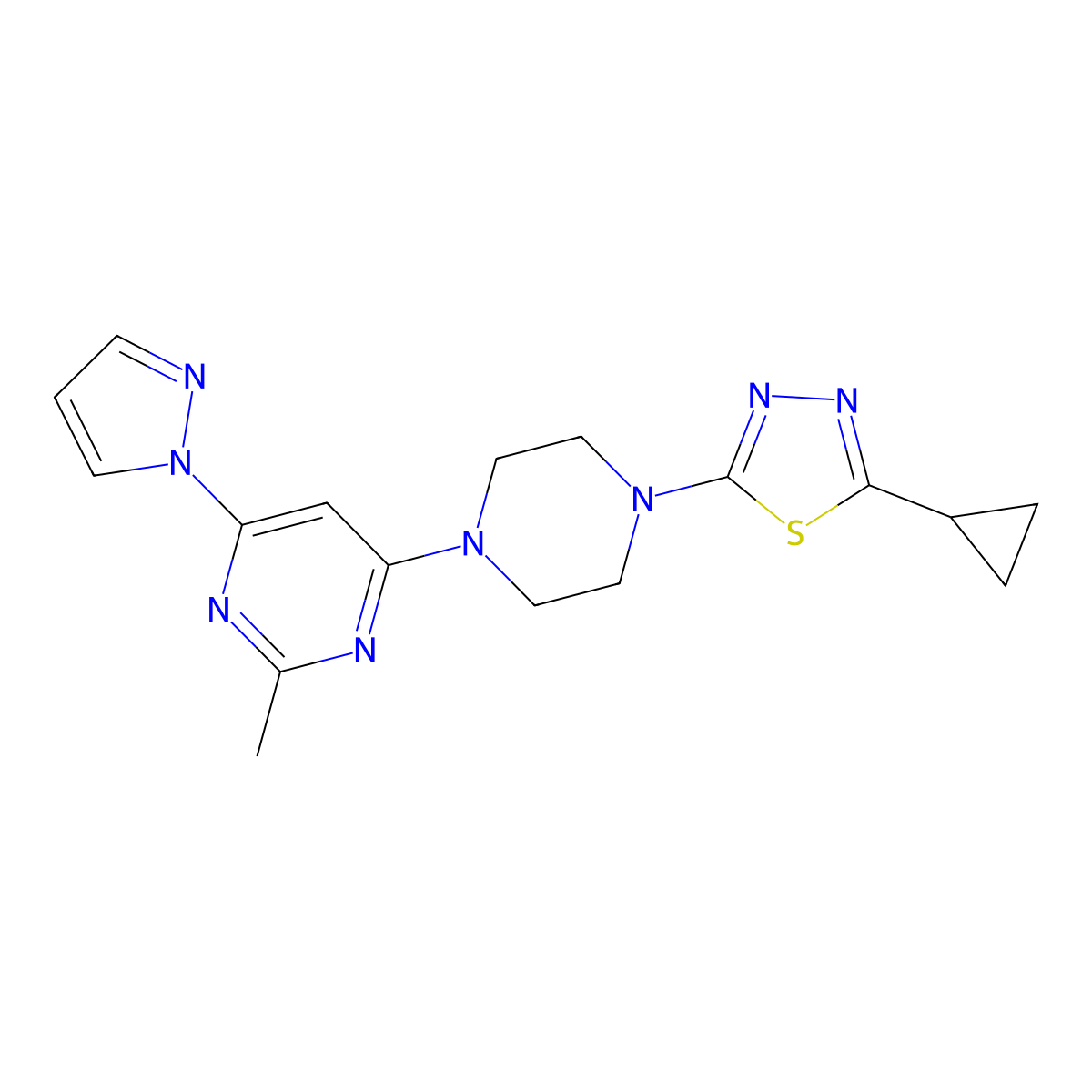 4-[4-(5-cyclopropyl-1,3,4-thiadiazol-2-yl)piperazin-1-yl]-2-methyl-6-(1H-pyrazol-1-yl)pyrimidine molecular structure, CAS 2415510-81-3
