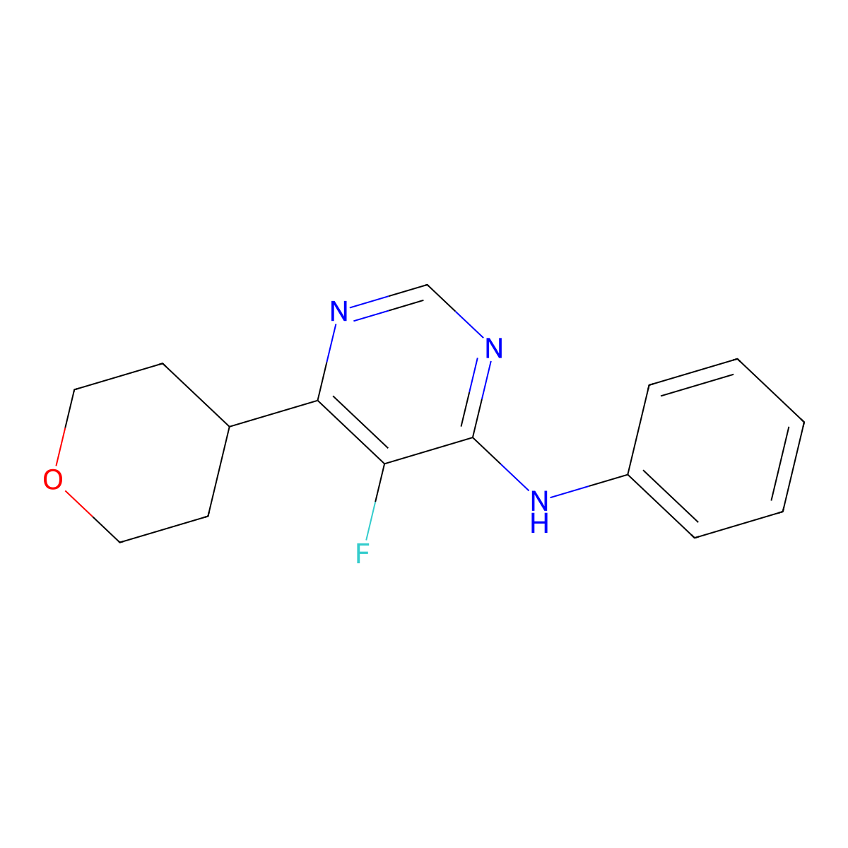 5-fluoro-6-(oxan-4-yl)-N-phenylpyrimidin-4-amine molecular structure, CAS 2415510-91-5