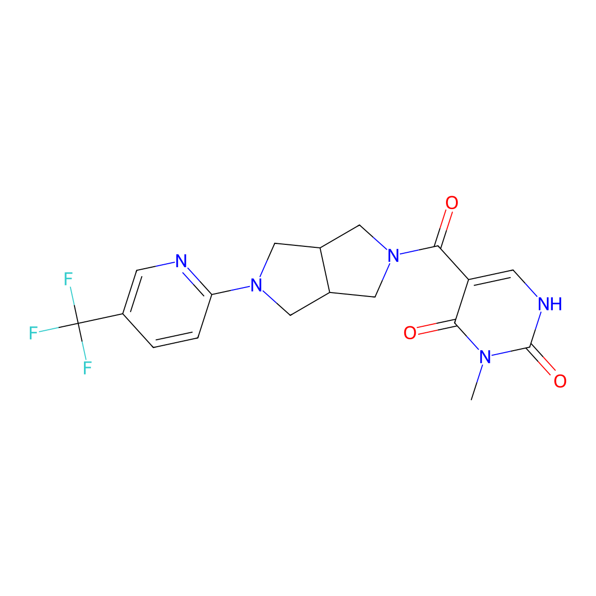 3-Methyl-5-{5-[5-(trifluoromethyl)pyridin-2-yl]-octahydropyrrolo[3,4-c]pyrrole-2-carbonyl}-1,2,3,4-tetrahydropyrimidine-2,4-dione molecular structure, CAS 2415510-92-6