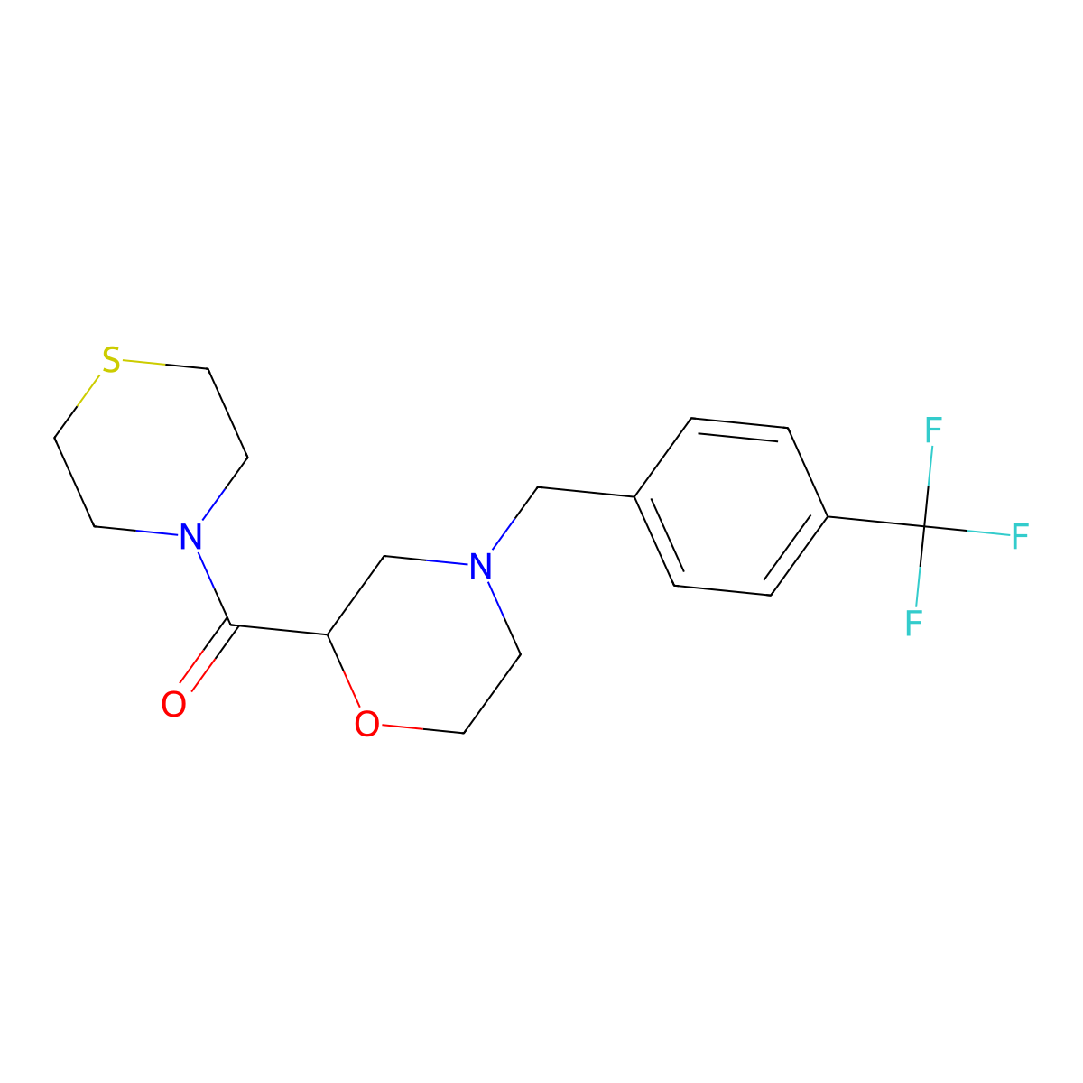2-(Thiomorpholine-4-carbonyl)-4-{[4-(trifluoromethyl)phenyl]methyl}morpholine molecular structure, CAS 2415510-95-9
