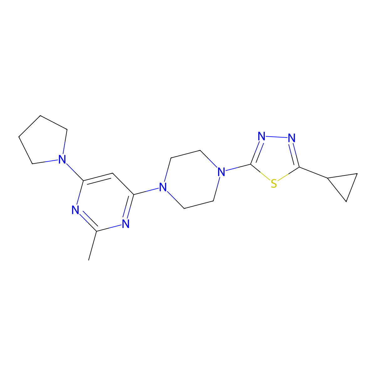 4-[4-(5-Cyclopropyl-1,3,4-thiadiazol-2-yl)piperazin-1-yl]-2-methyl-6-(pyrrolidin-1-yl)pyrimidine molecular structure, CAS 2415510-96-0