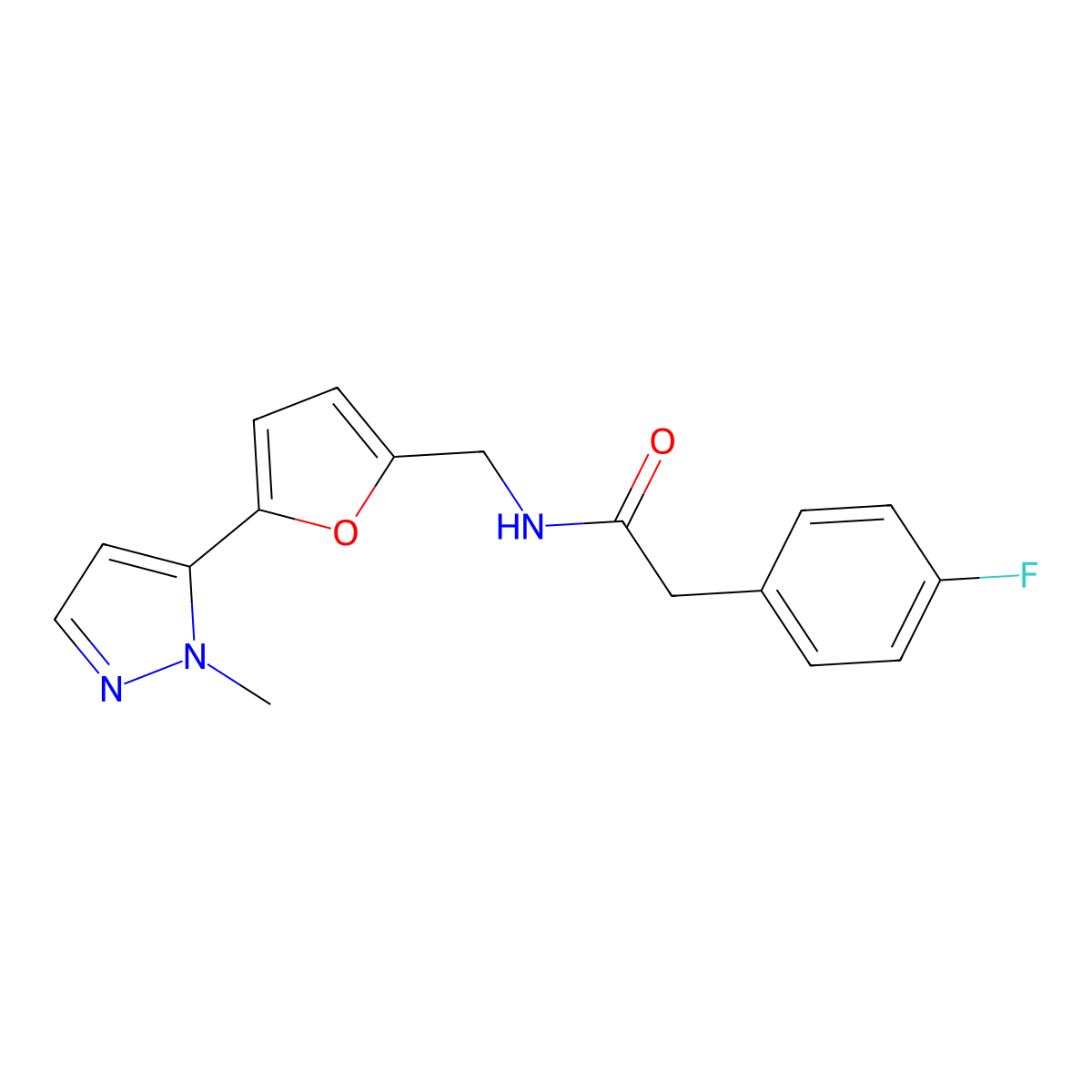2-(4-fluorophenyl)-N-{[5-(1-methyl-1H-pyrazol-5-yl)furan-2-yl]methyl}acetamide molecular structure, CAS 2415510-98-2