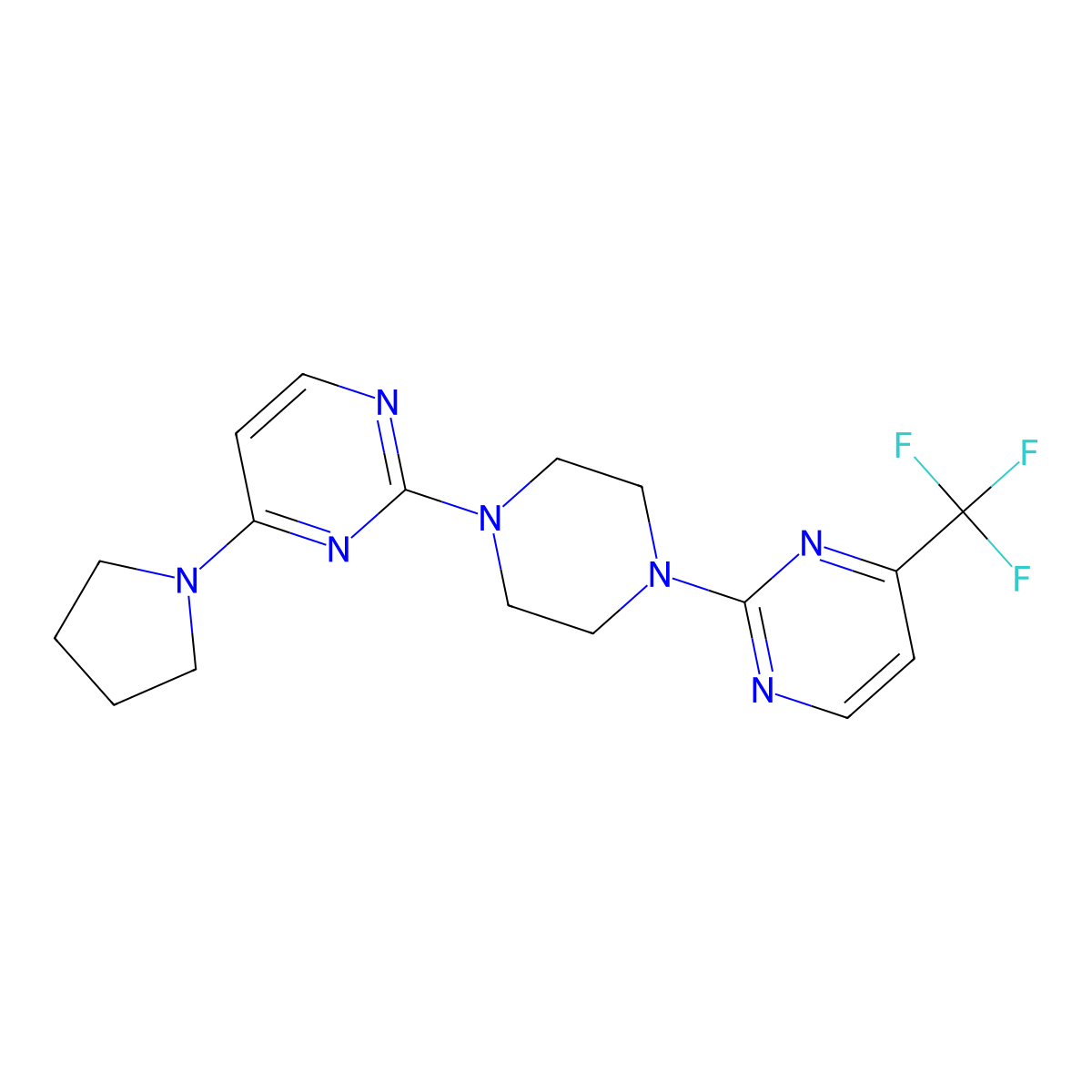 4-(Pyrrolidin-1-yl)-2-{4-[4-(trifluoromethyl)pyrimidin-2-yl]piperazin-1-yl}pyrimidine molecular structure, CAS 2415511-03-2
