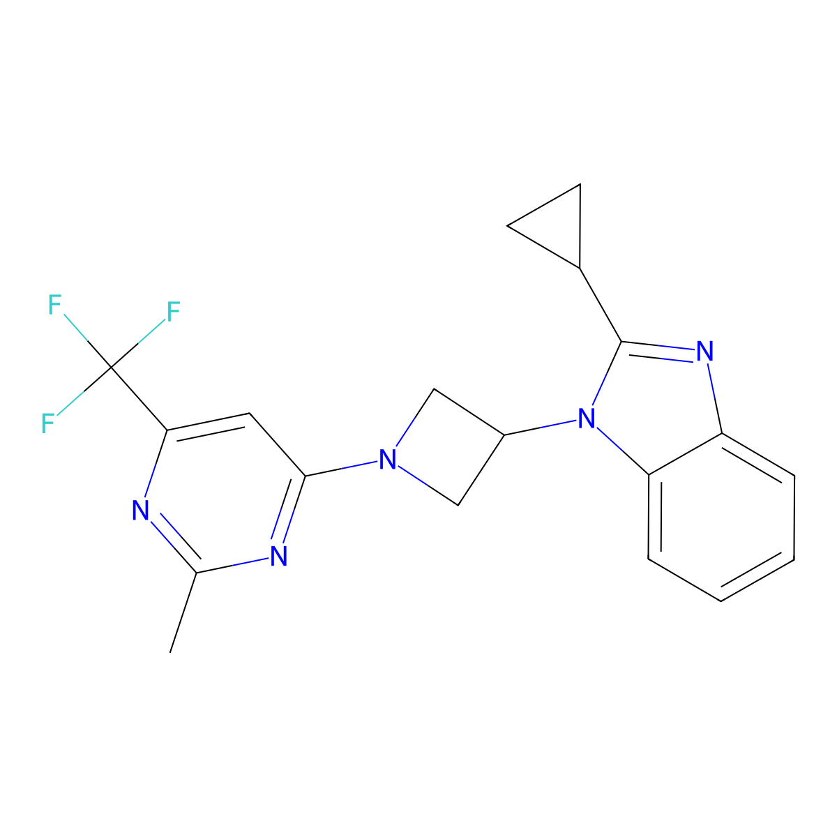 2-cyclopropyl-1-{1-[2-methyl-6-(trifluoromethyl)pyrimidin-4-yl]azetidin-3-yl}-1H-1,3-benzodiazole molecular structure, CAS 2415511-04-3