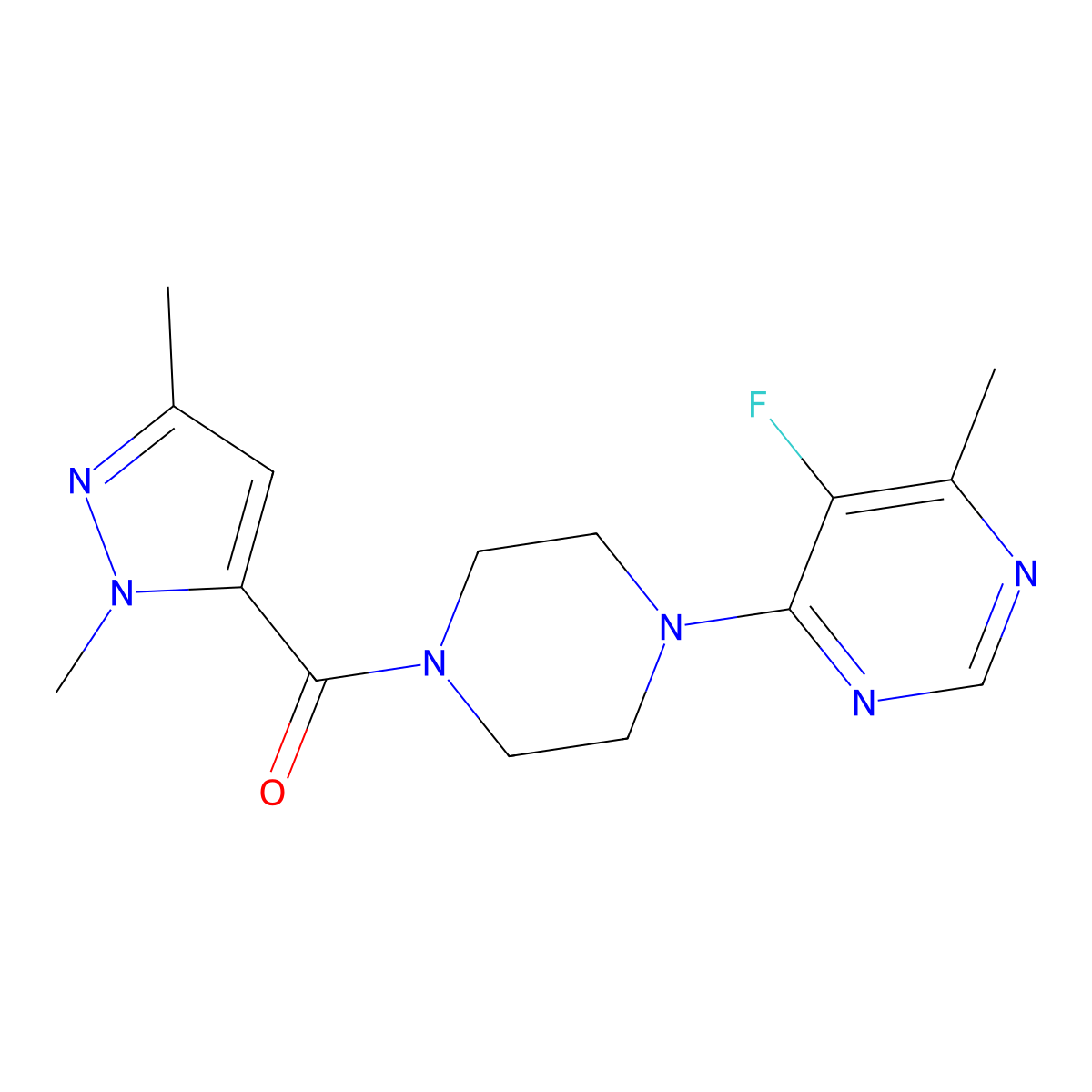 4-[4-(1,3-dimethyl-1H-pyrazole-5-carbonyl)piperazin-1-yl]-5-fluoro-6-methylpyrimidine molecular structure, CAS 2415511-08-7