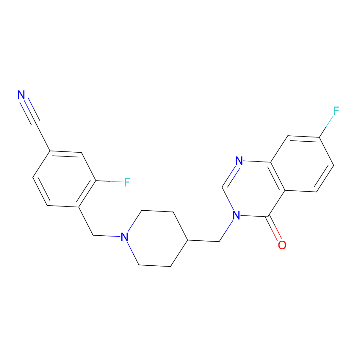 3-Fluoro-4-({4-[(7-fluoro-4-oxo-3,4-dihydroquinazolin-3-yl)methyl]piperidin-1-yl}methyl)benzonitrile molecular structure, CAS 2415511-12-3