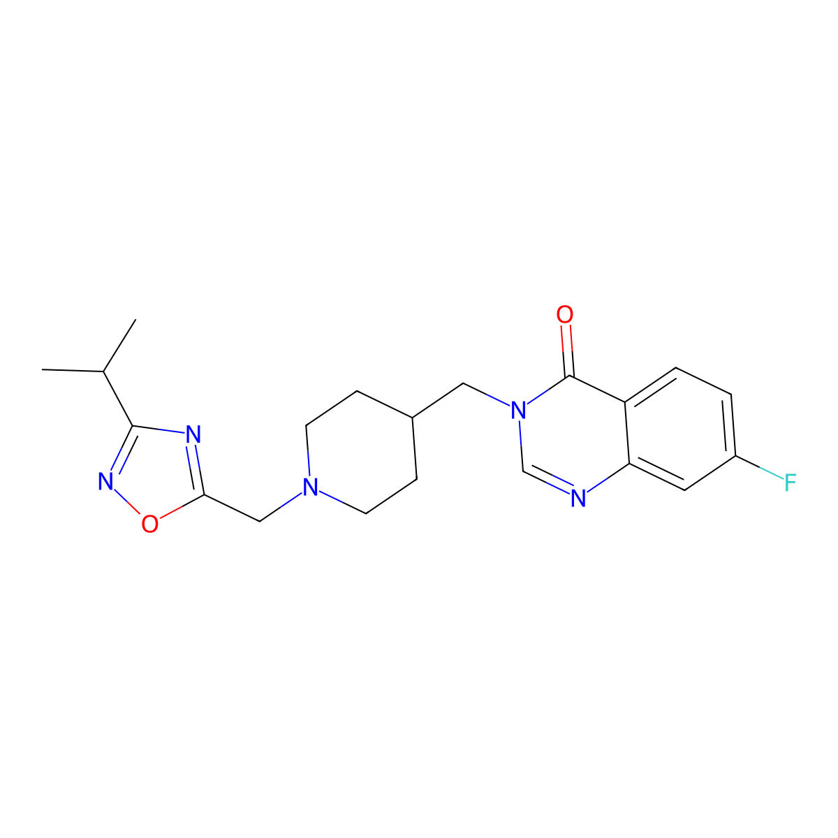 7-Fluoro-3-[(1-{[3-(propan-2-yl)-1,2,4-oxadiazol-5-yl]methyl}piperidin-4-yl)methyl]-3,4-dihydroquinazolin-4-one molecular structure, CAS 2415511-15-6