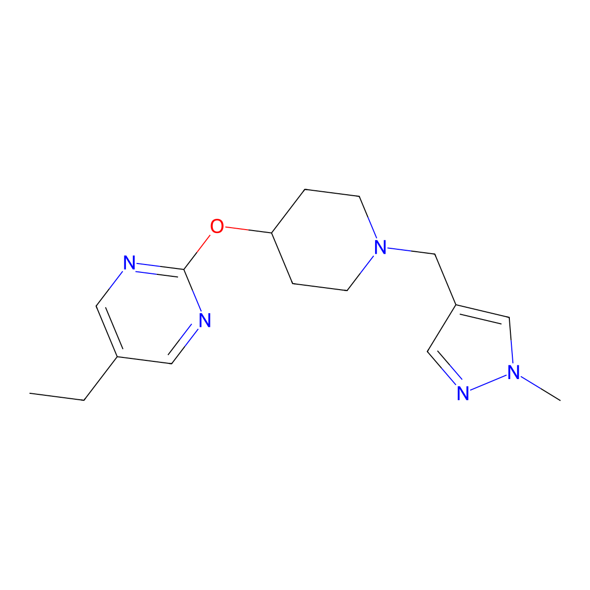 5-ethyl-2-({1-[(1-methyl-1H-pyrazol-4-yl)methyl]piperidin-4-yl}oxy)pyrimidine molecular structure, CAS 2415511-24-7