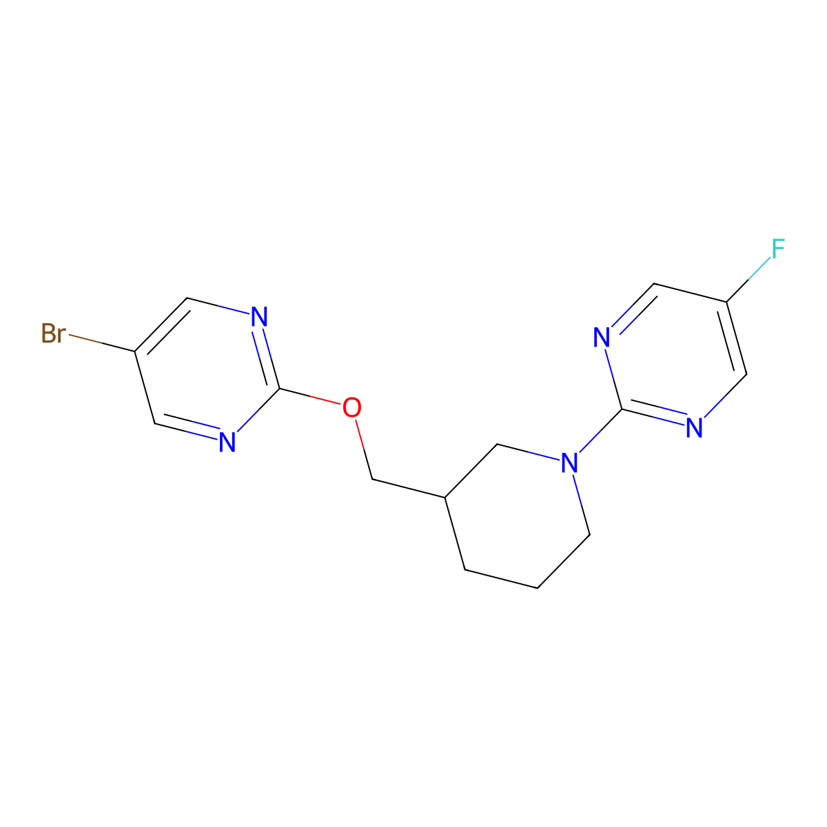 2-(3-{[(5-Bromopyrimidin-2-yl)oxy]methyl}piperidin-1-yl)-5-fluoropyrimidine molecular structure, CAS 2415511-25-8