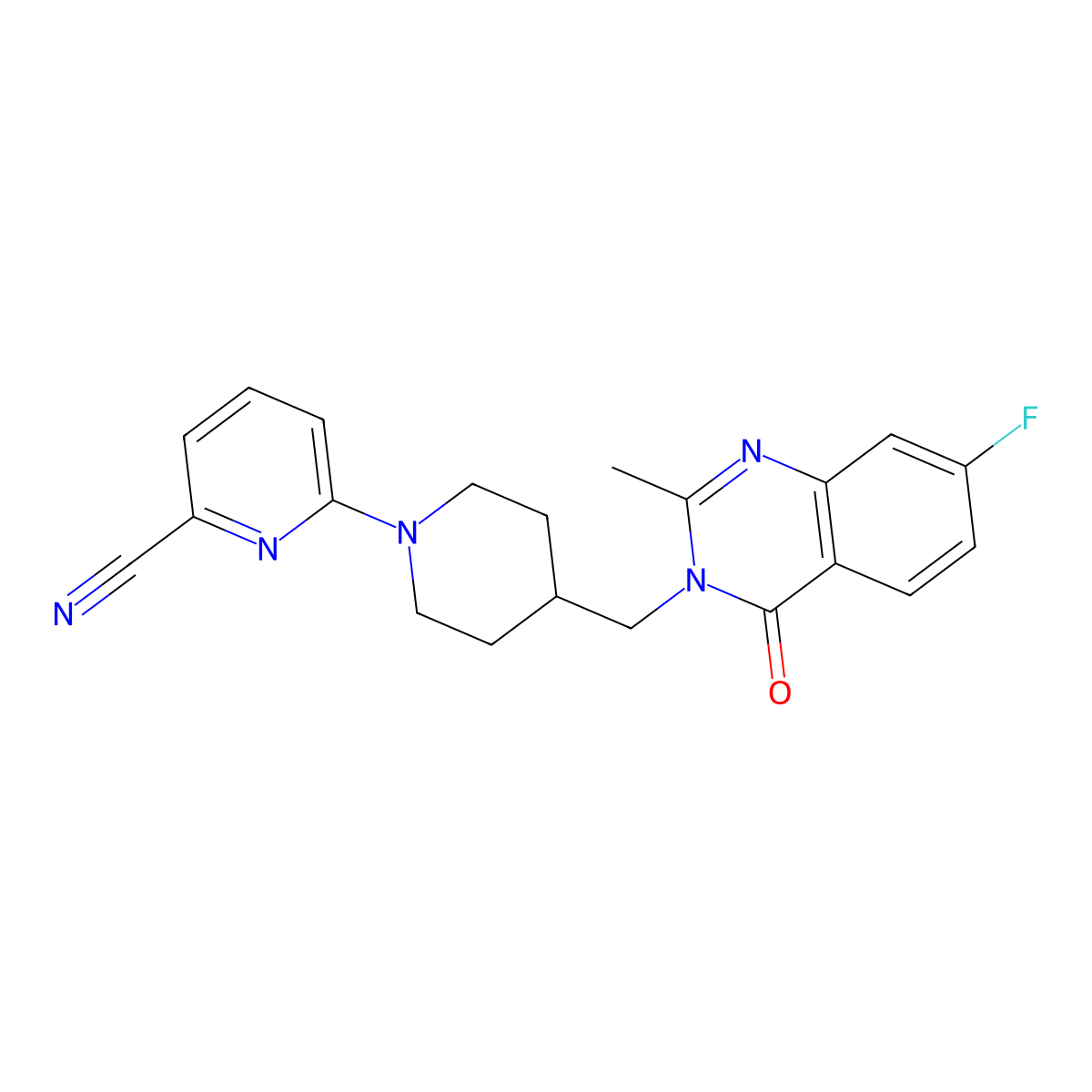 6-{4-[(7-Fluoro-2-methyl-4-oxo-3,4-dihydroquinazolin-3-yl)methyl]piperidin-1-yl}pyridine-2-carbonitrile molecular structure, CAS 2415511-29-2