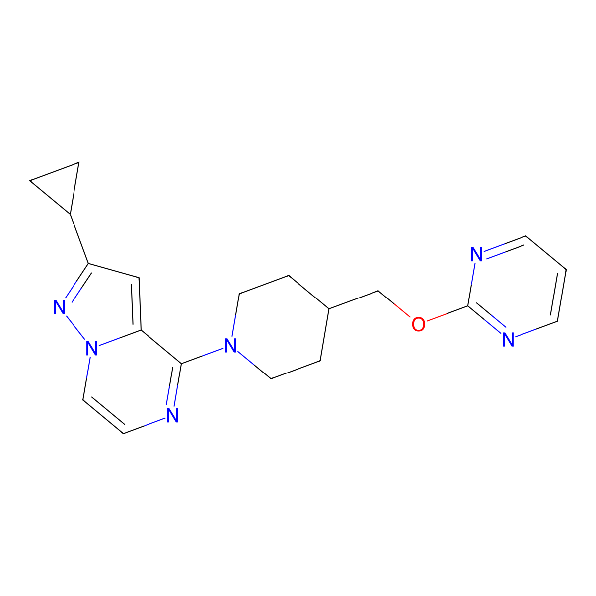 2-Cyclopropyl-4-[4-(pyrimidin-2-yloxymethyl)piperidin-1-yl]pyrazolo[1,5-a]pyrazine molecular structure, CAS 2415511-55-4