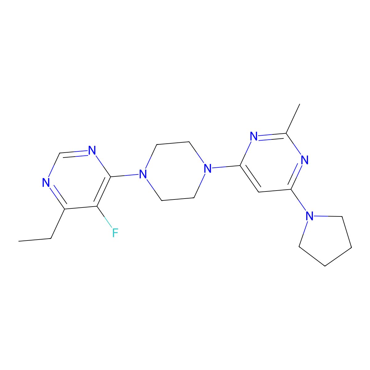 4-[4-(6-Ethyl-5-fluoropyrimidin-4-yl)piperazin-1-yl]-2-methyl-6-(pyrrolidin-1-yl)pyrimidine molecular structure, CAS 2415511-58-7
