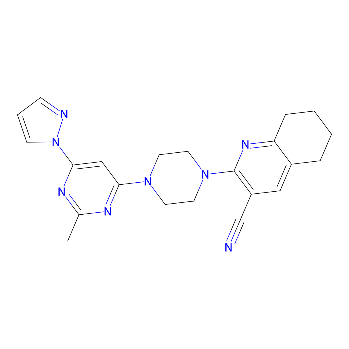 2-{4-[2-methyl-6-(1H-pyrazol-1-yl)pyrimidin-4-yl]piperazin-1-yl}-5,6,7,8-tetrahydroquinoline-3-carbonitrile molecular structure, CAS 2415511-74-7