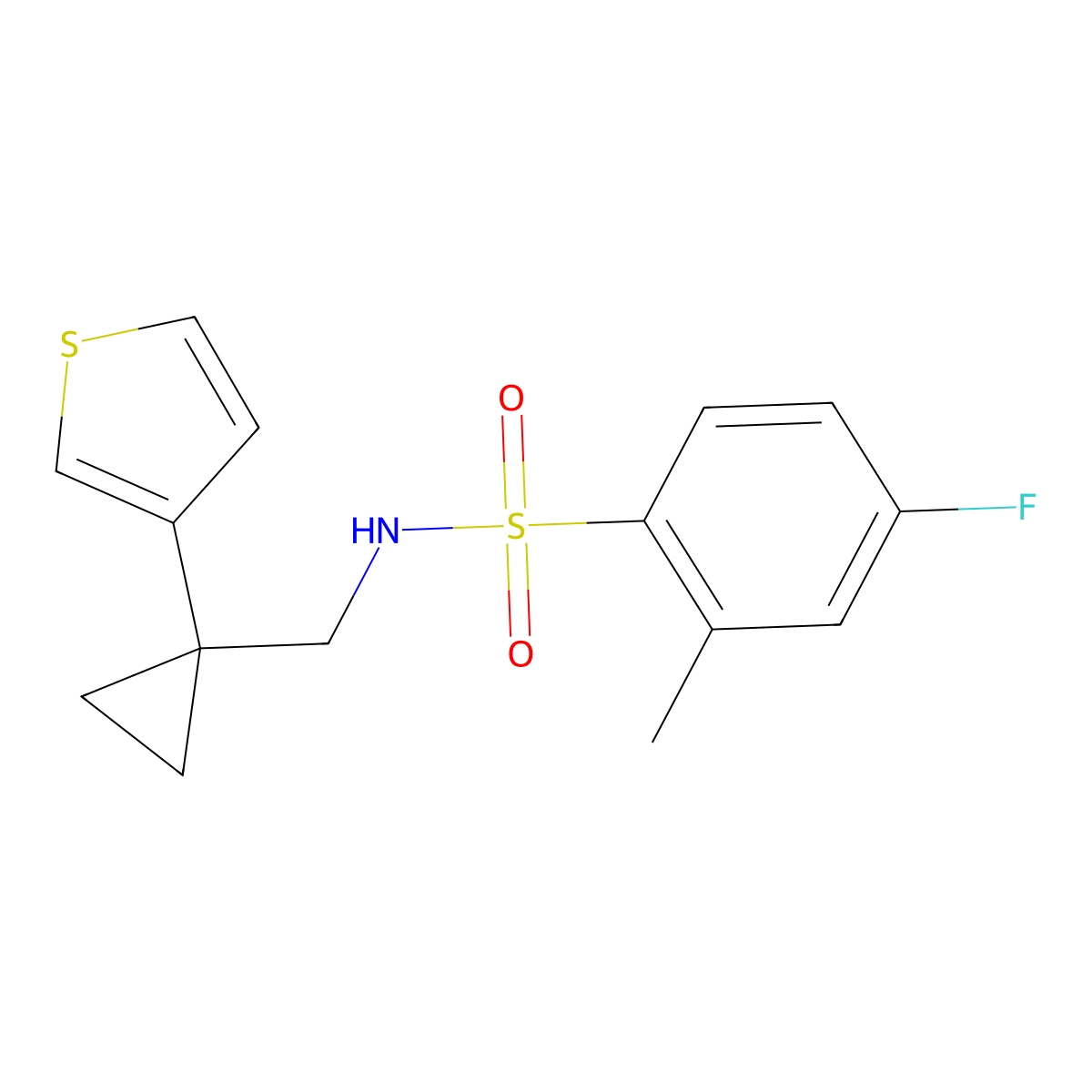 4-fluoro-2-methyl-N-{[1-(thiophen-3-yl)cyclopropyl]methyl}benzene-1-sulfonamide molecular structure, CAS 2415511-80-5