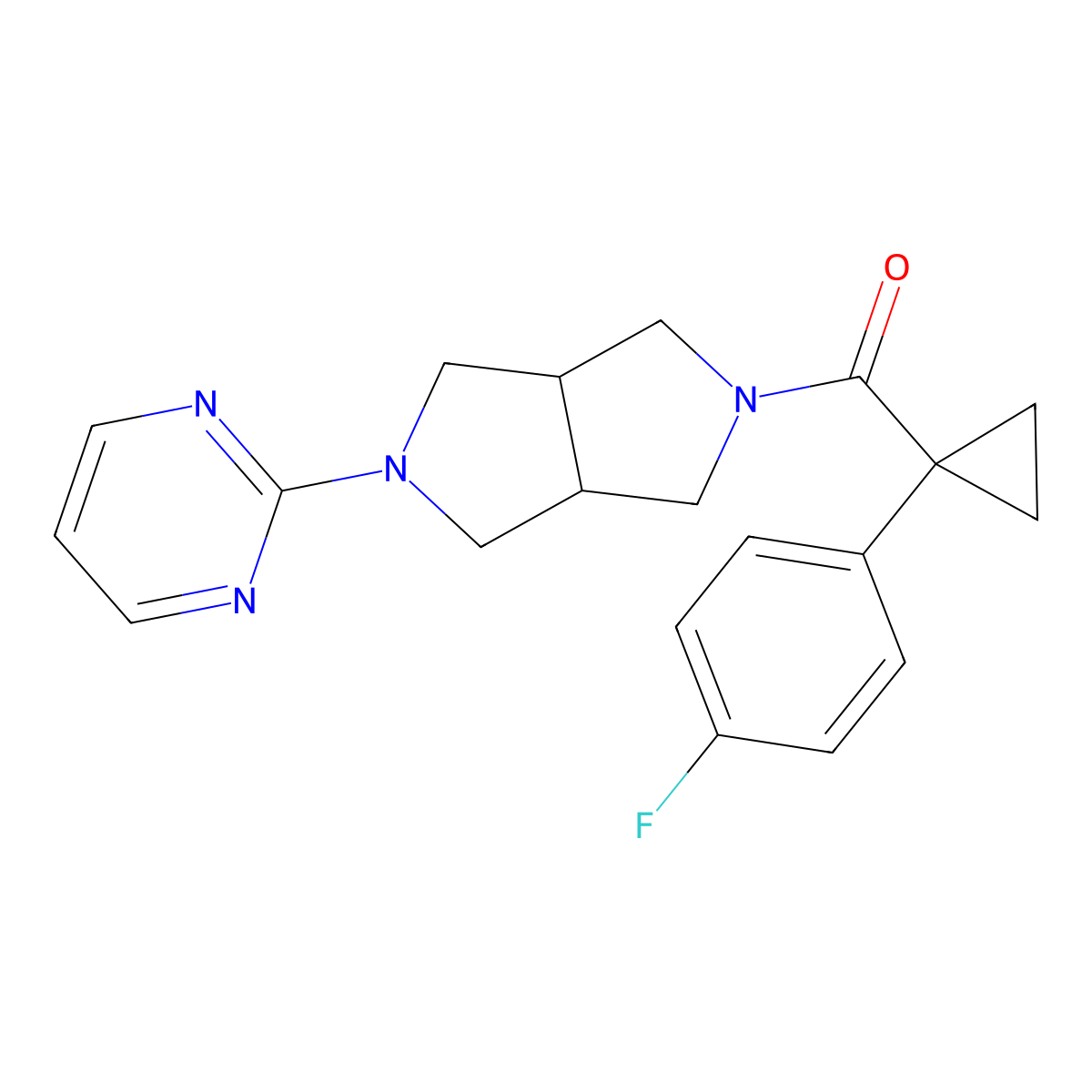 2-{5-[1-(4-Fluorophenyl)cyclopropanecarbonyl]-octahydropyrrolo[3,4-c]pyrrol-2-yl}pyrimidine molecular structure, CAS 2415511-83-8
