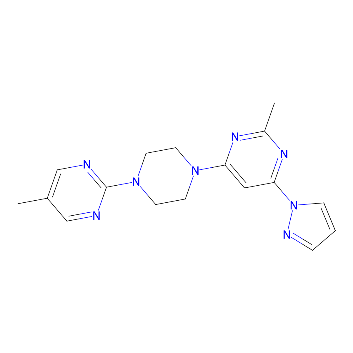 2-methyl-4-[4-(5-methylpyrimidin-2-yl)piperazin-1-yl]-6-(1H-pyrazol-1-yl)pyrimidine molecular structure, CAS 2415511-88-3