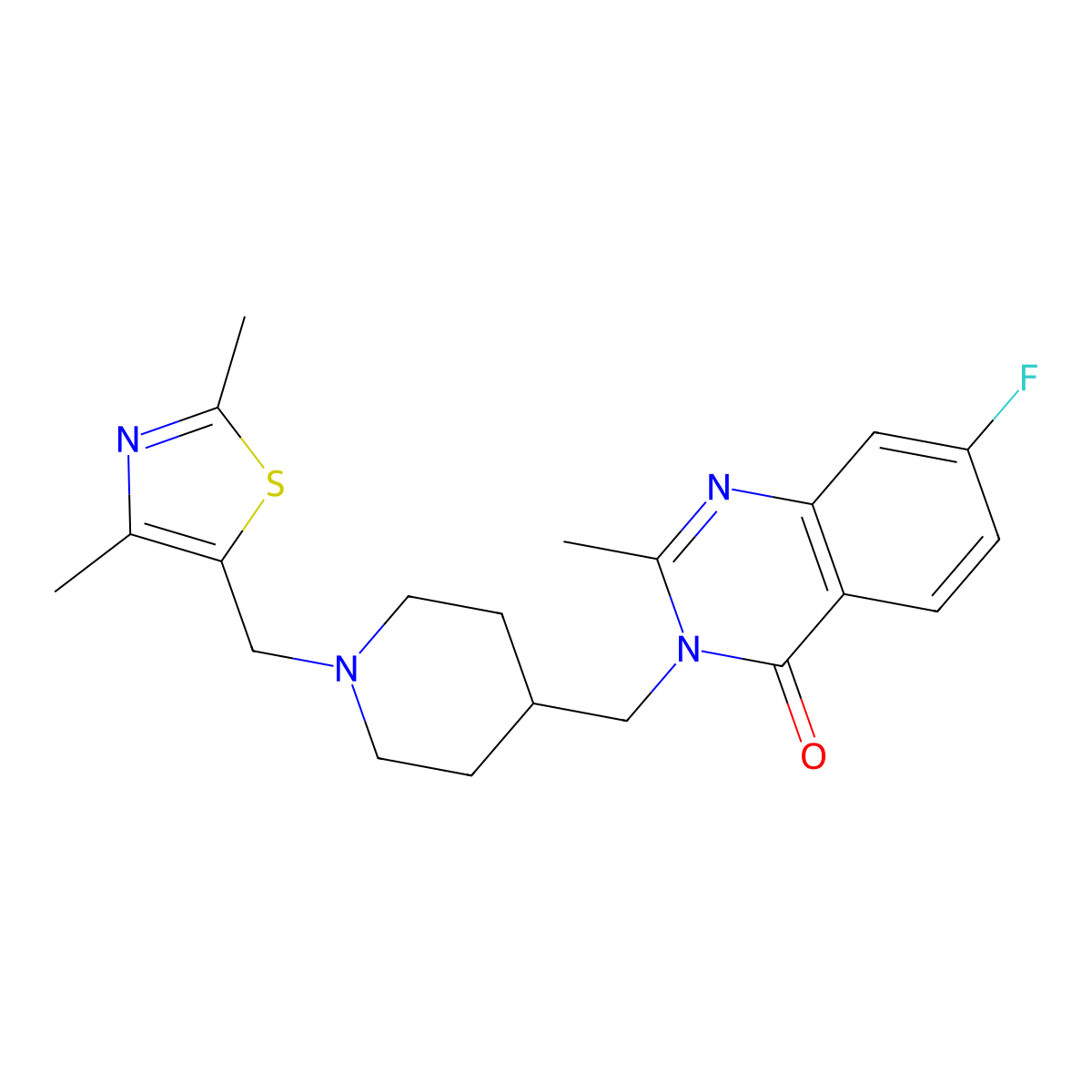 3-({1-[(2,4-Dimethyl-1,3-thiazol-5-yl)methyl]piperidin-4-yl}methyl)-7-fluoro-2-methyl-3,4-dihydroquinazolin-4-one molecular structure, CAS 2415512-00-2