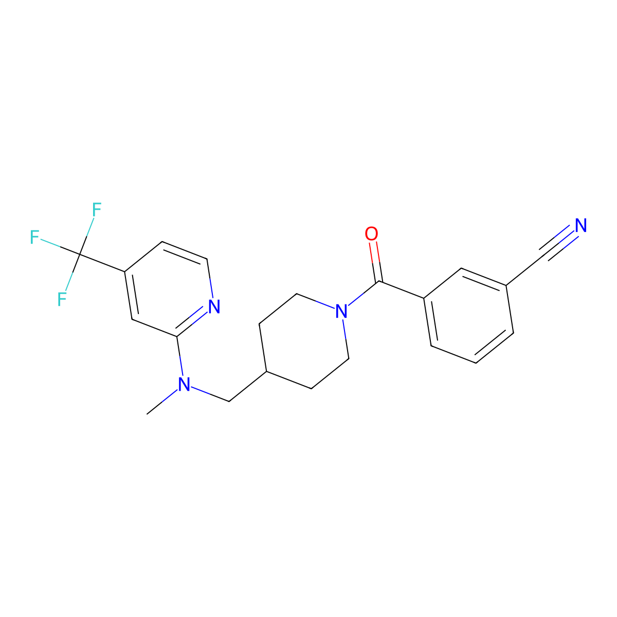 3-[4-({Methyl[4-(trifluoromethyl)pyridin-2-yl]amino}methyl)piperidine-1-carbonyl]benzonitrile molecular structure, CAS 2415512-09-1
