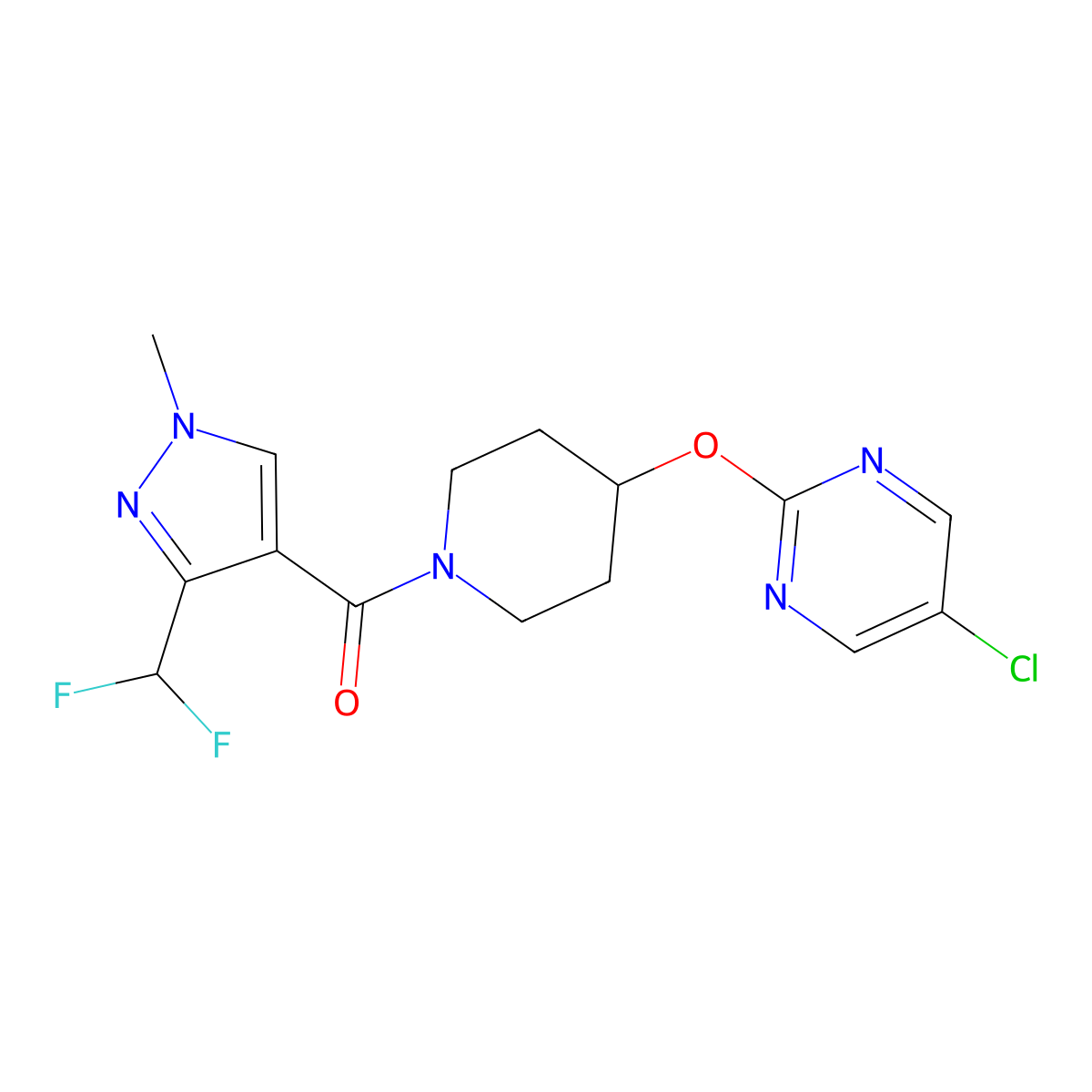 5-chloro-2-({1-[3-(difluoromethyl)-1-methyl-1H-pyrazole-4-carbonyl]piperidin-4-yl}oxy)pyrimidine molecular structure, CAS 2415512-34-2