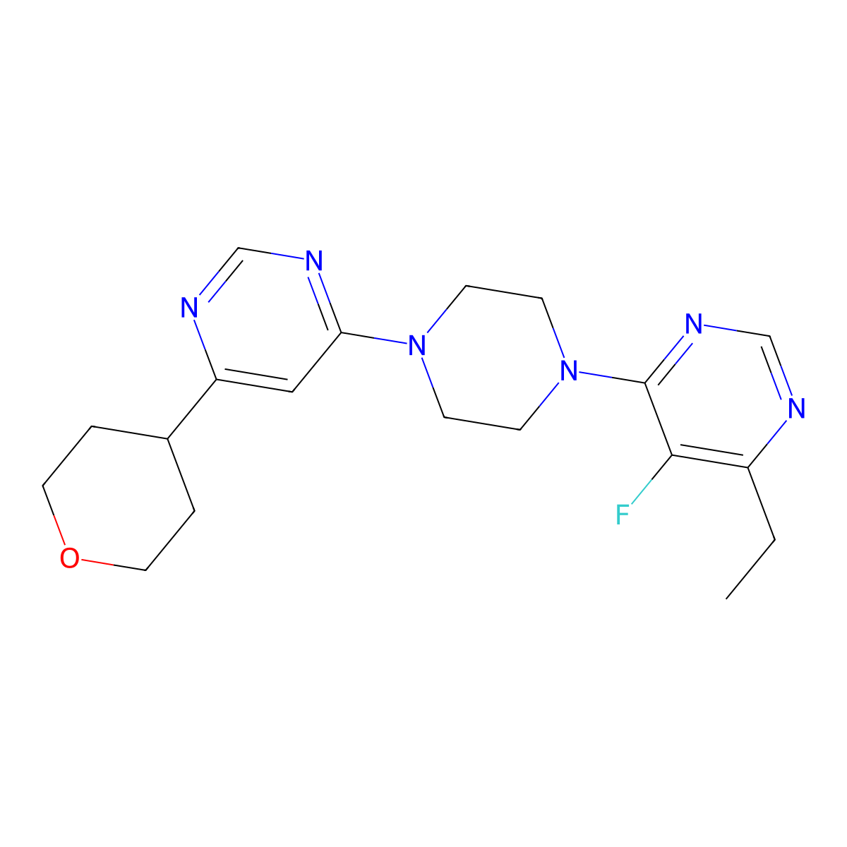 4-Ethyl-5-fluoro-6-{4-[6-(oxan-4-yl)pyrimidin-4-yl]piperazin-1-yl}pyrimidine molecular structure, CAS 2415512-43-3