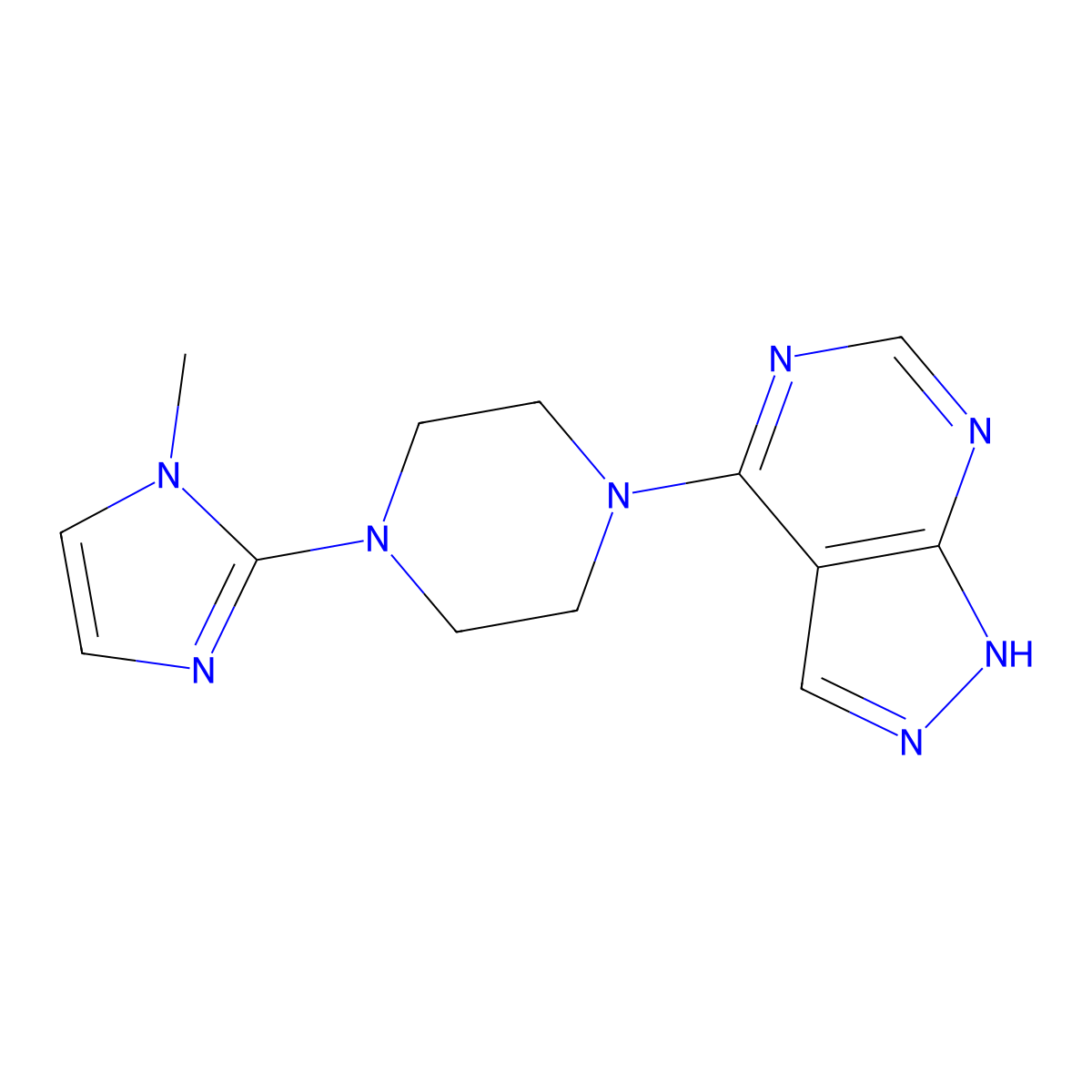 1-(1-methyl-1H-imidazol-2-yl)-4-{1H-pyrazolo[3,4-d]pyrimidin-4-yl}piperazine molecular structure, CAS 2415512-49-9